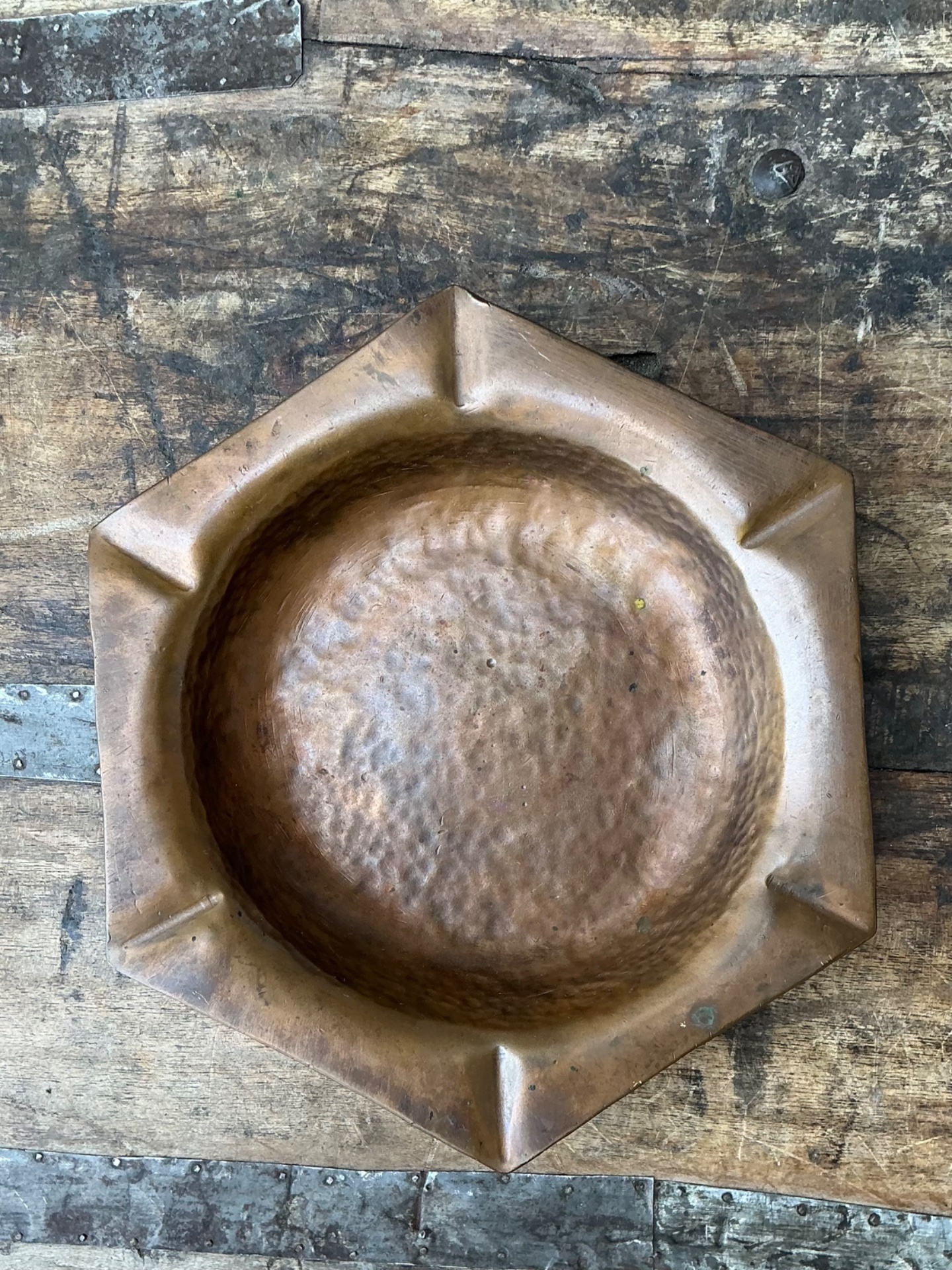 Vintage Hexagonal Hammered Copper Ashtray - Side view
