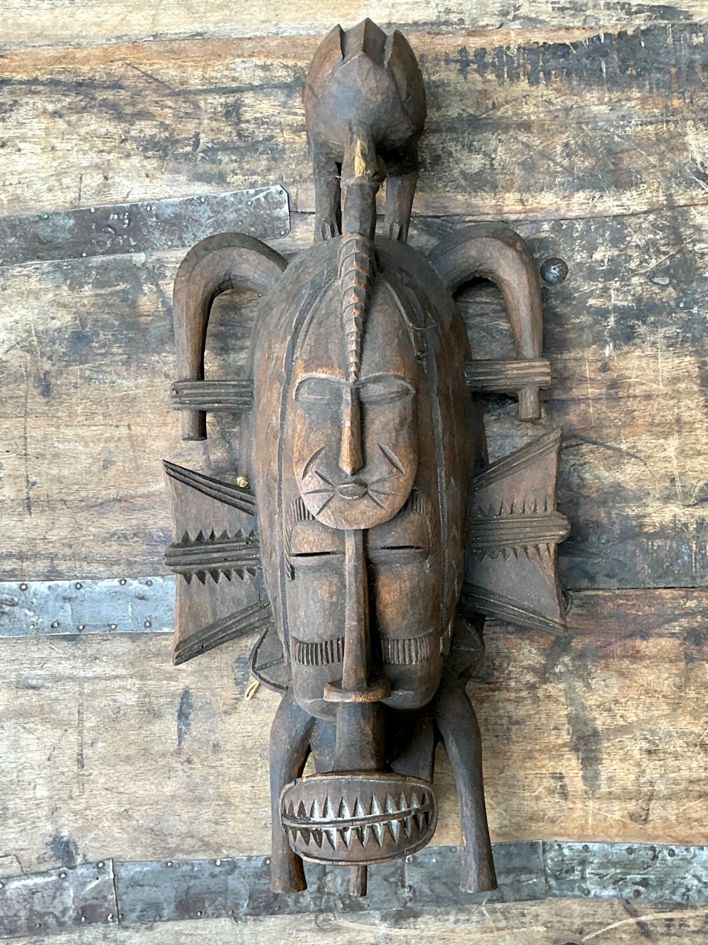 Vintage Tribal Carved Wood Mask - Top view