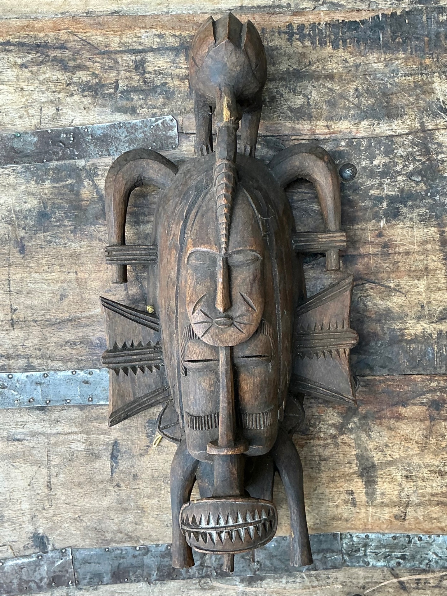 Vintage Tribal Carved Wood Mask - Back view