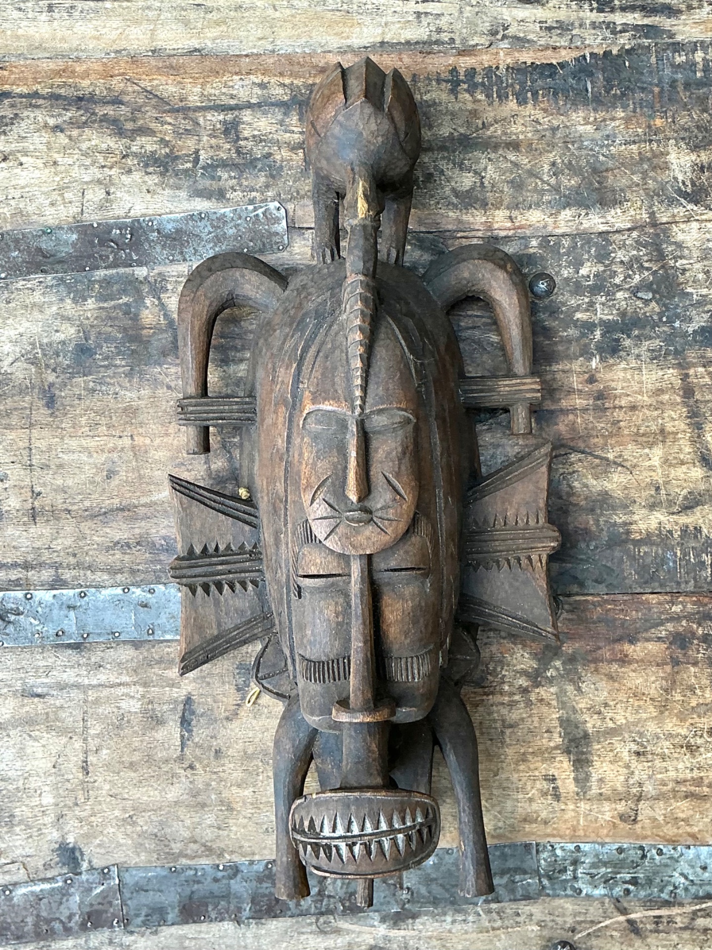 Vintage Tribal Carved Wood Mask - Side view