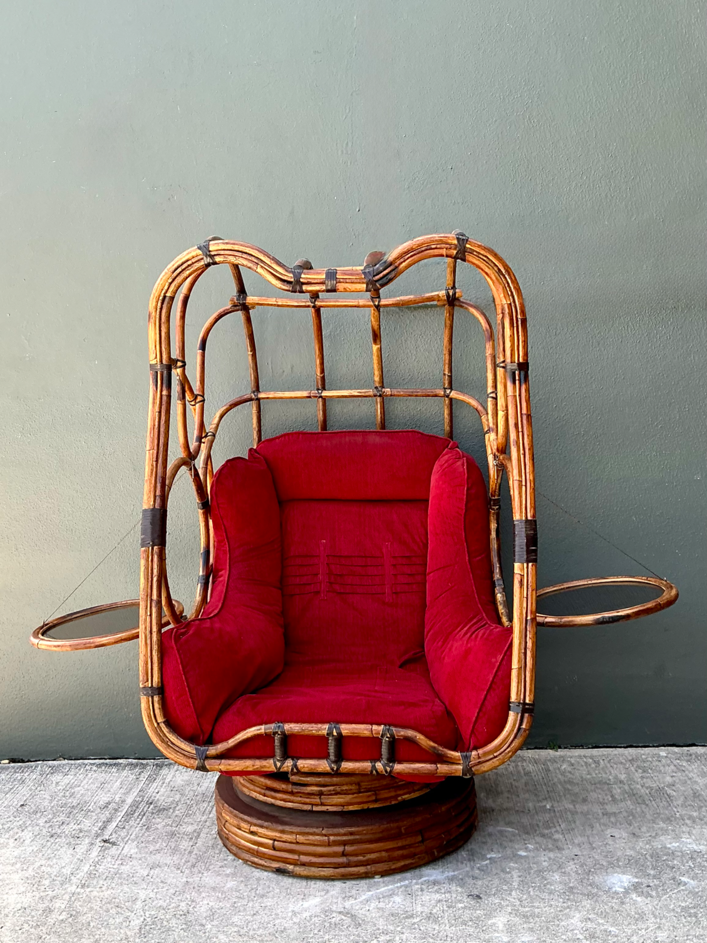 Vintage Bent Rattan Swivel Lounge Chair With Flip Down Side Tables - Detail view