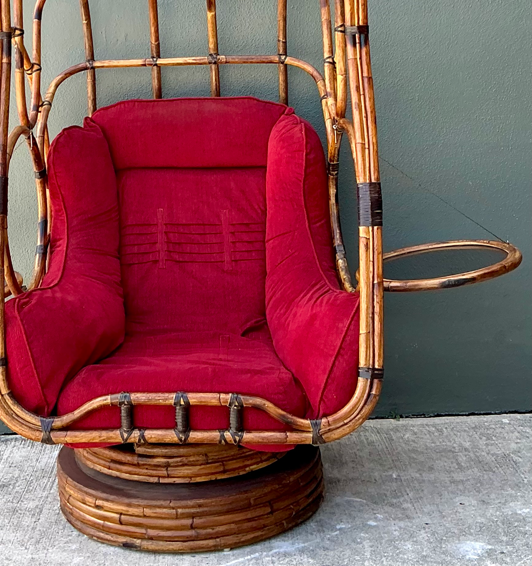 Vintage Bent Rattan Swivel Lounge Chair With Flip Down Side Tables - Back view
