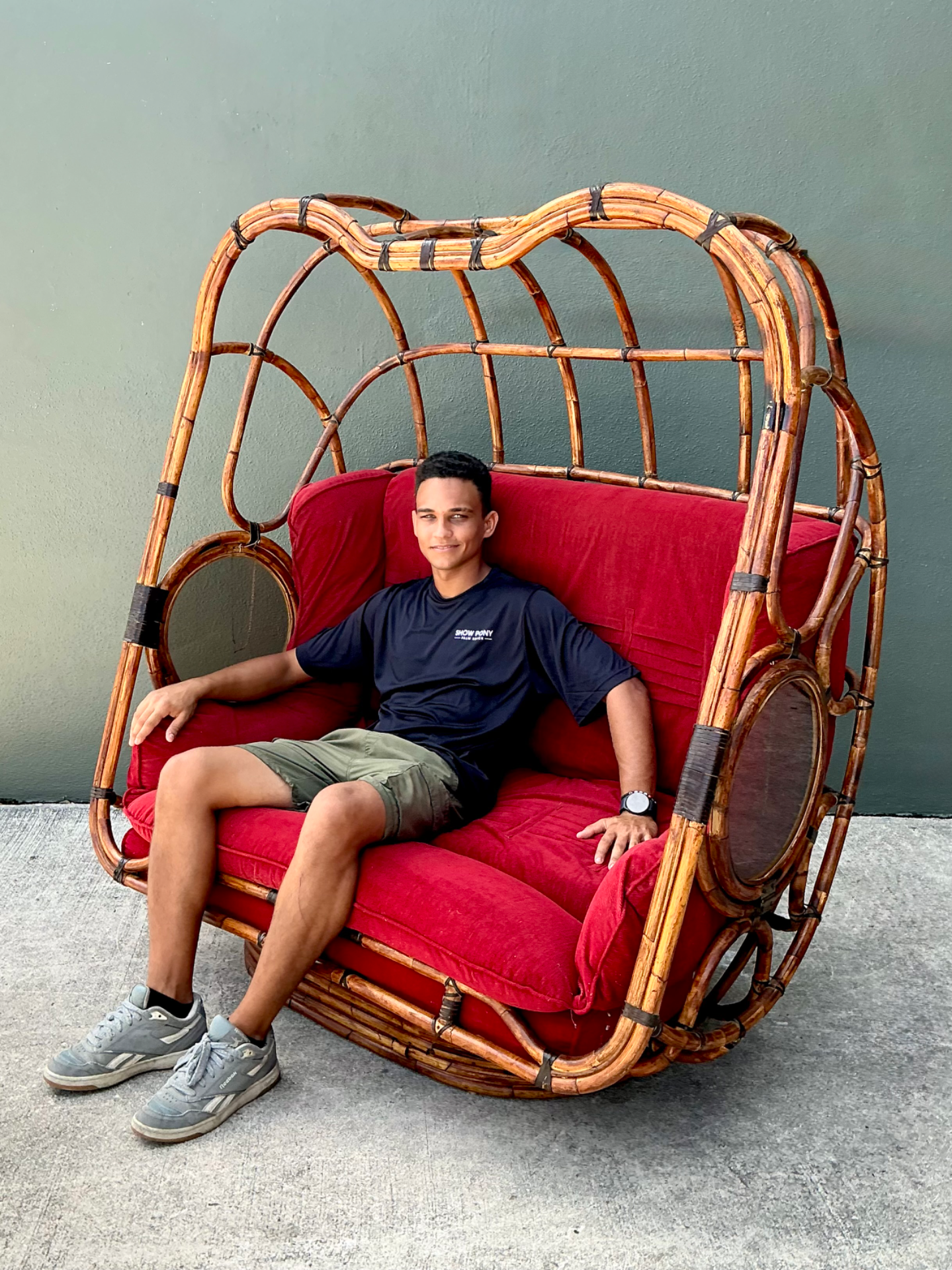 Vintage Boho Rattan Swivel Lounge Hooded Loveseat - Back view