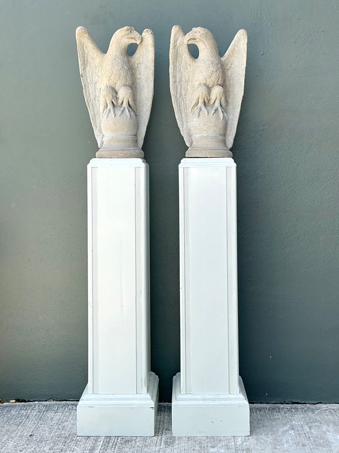 Vintage Cast Cement Eagle Statues - Pair - Top view