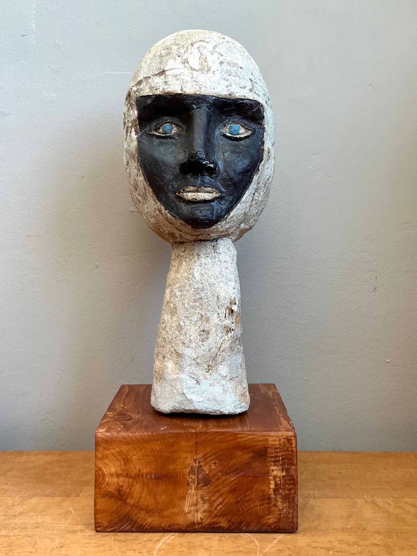 Vintage Plaster Head Sculpture on Wood Base - Side view