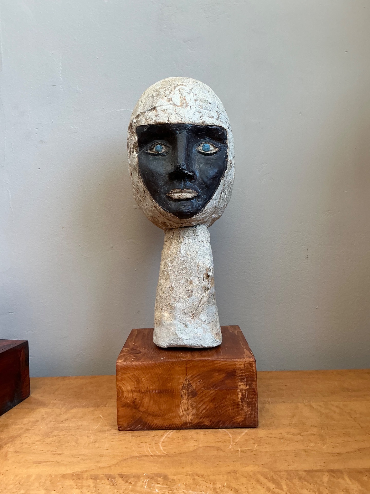 Vintage Plaster Head Sculpture on Wood Base - Top view
