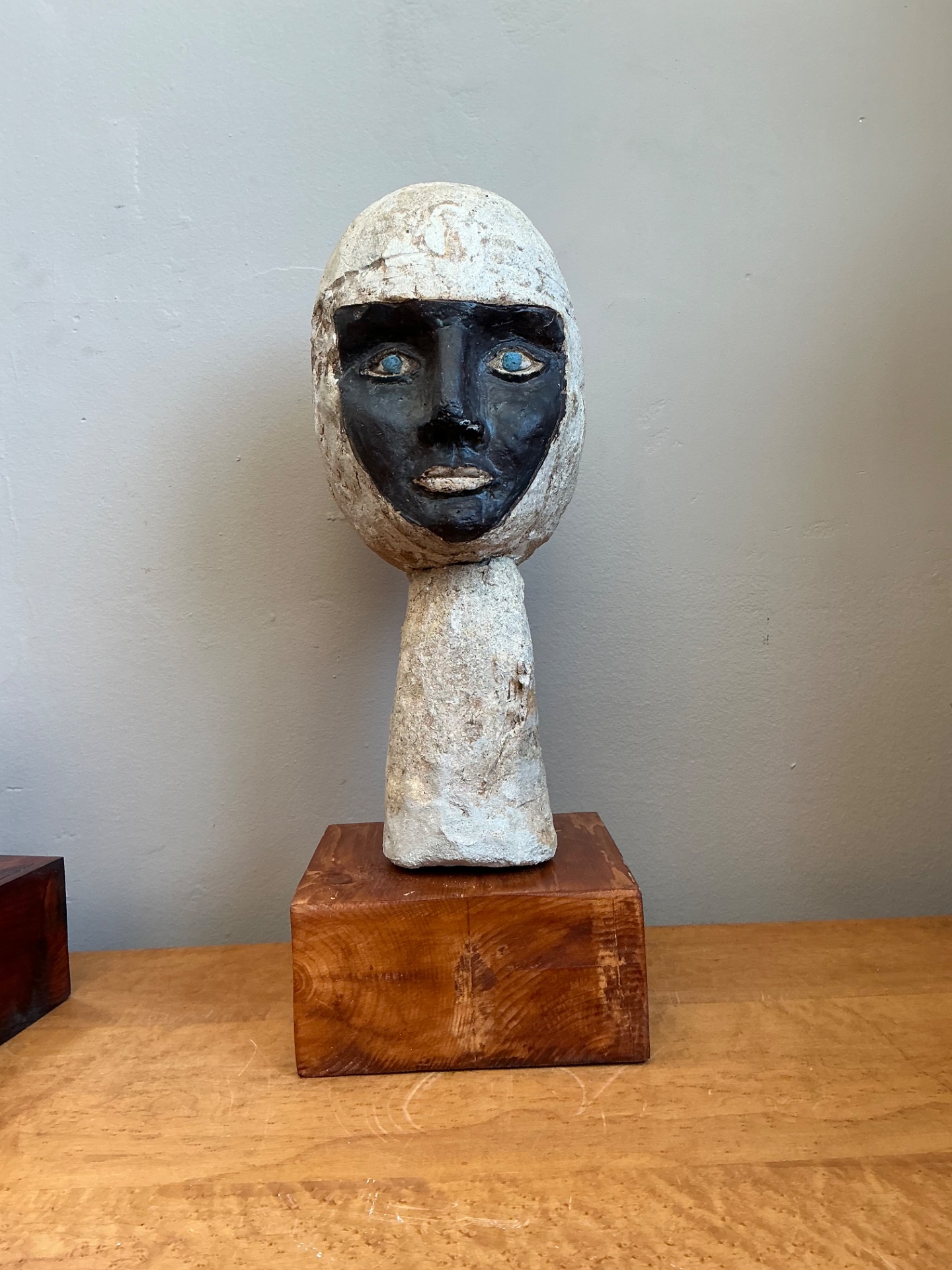 Vintage Plaster Head Sculpture on Wood Base - Back view