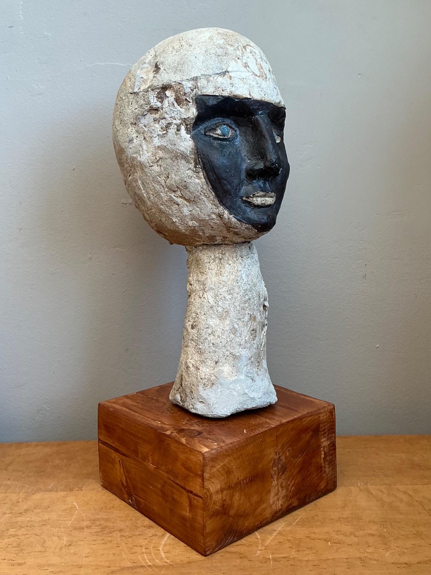 Vintage Plaster Head Sculpture on Wood Base - Detail view