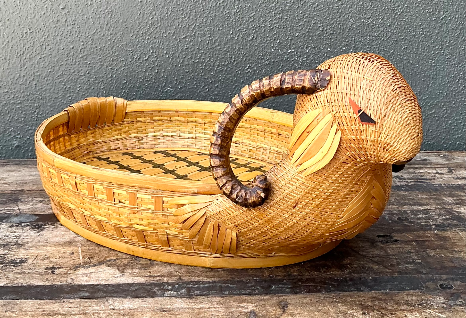 Vintage Shanghai Weave Handcrafted Rattan Rams Head Tray - Side view