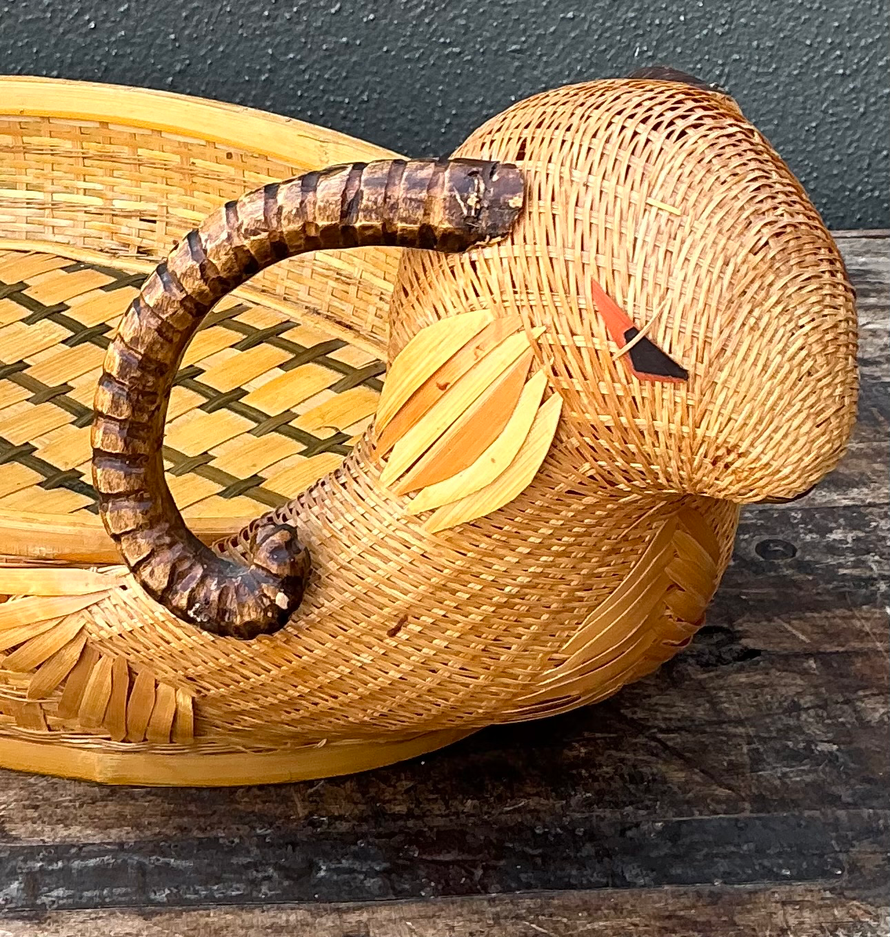 Vintage Shanghai Weave Handcrafted Rattan Rams Head Tray - Detail view