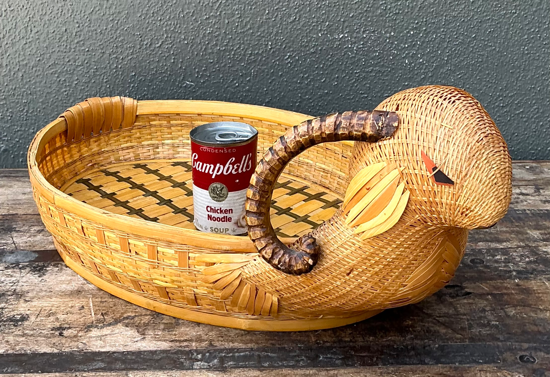 Vintage Shanghai Weave Handcrafted Rattan Rams Head Tray - Back view