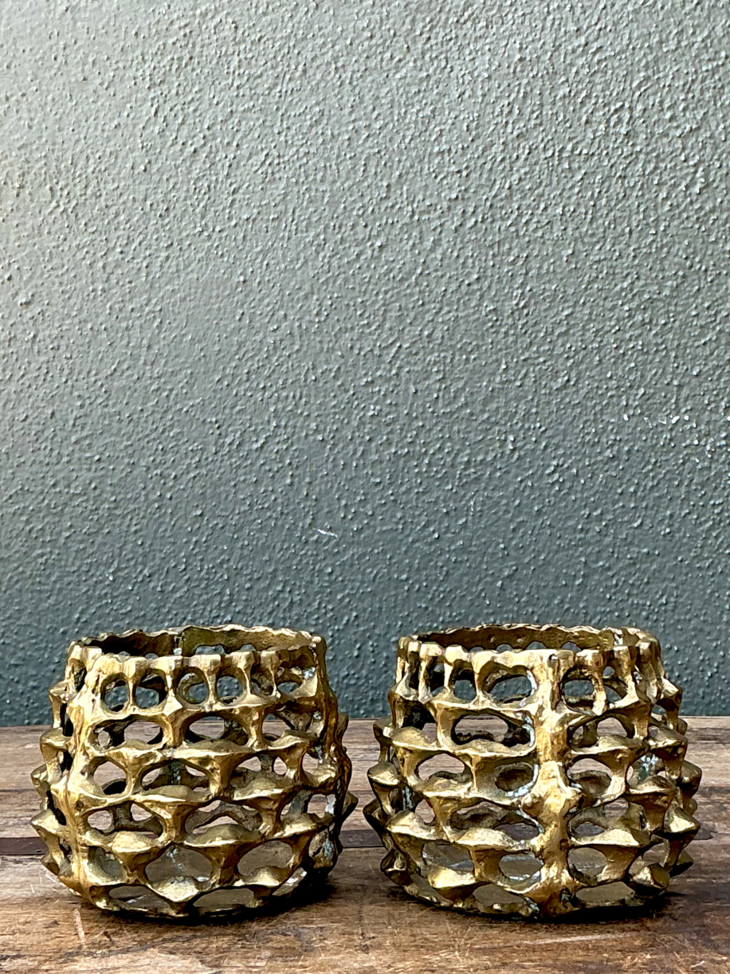 Vintage Brutalist Brass Candle Holders - Pair - Top view