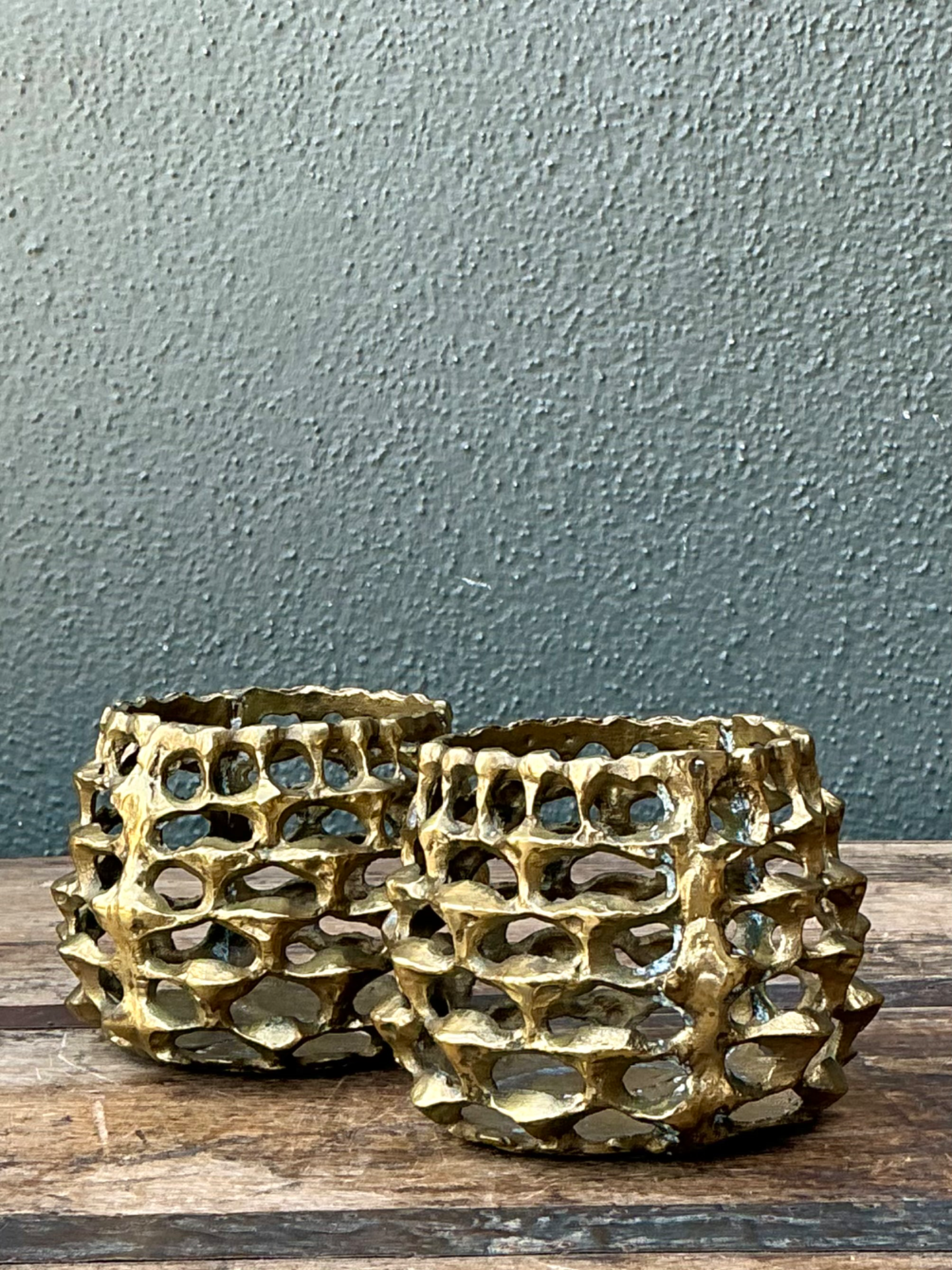 Vintage Brutalist Brass Candle Holders - Pair - Detail view