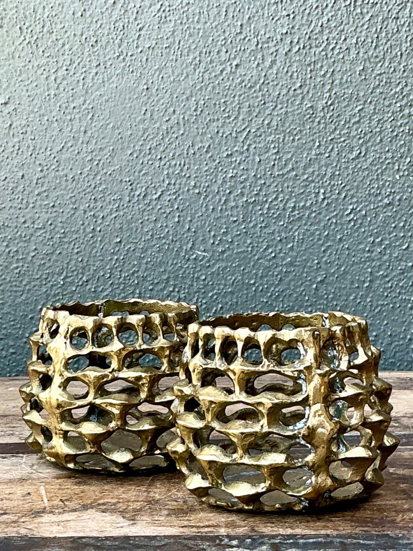 Vintage Brutalist Brass Candle Holders - Pair - Back view