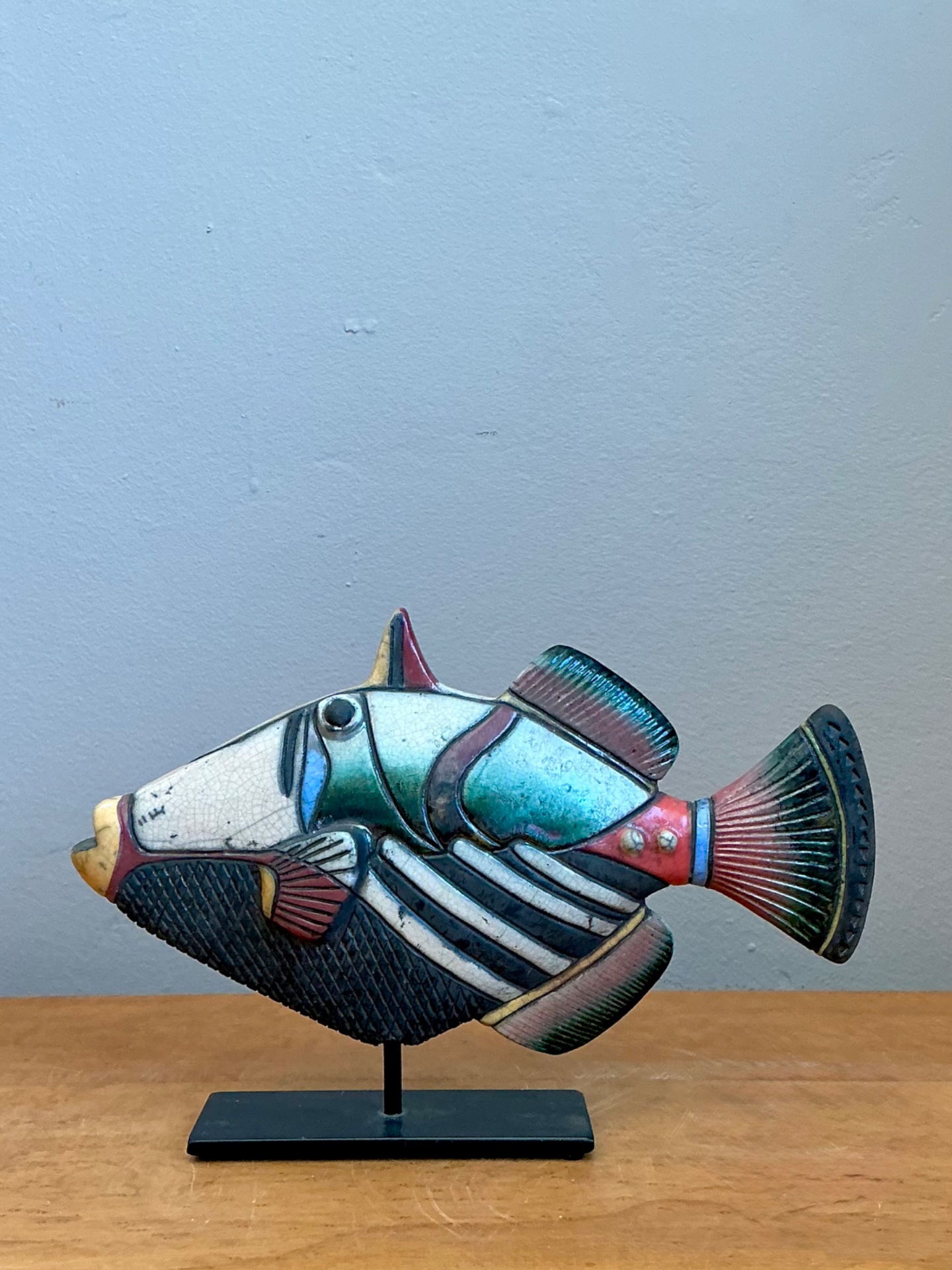 Vintage Hand Painted Ceramic Fish Sculpture on Stand - Side view