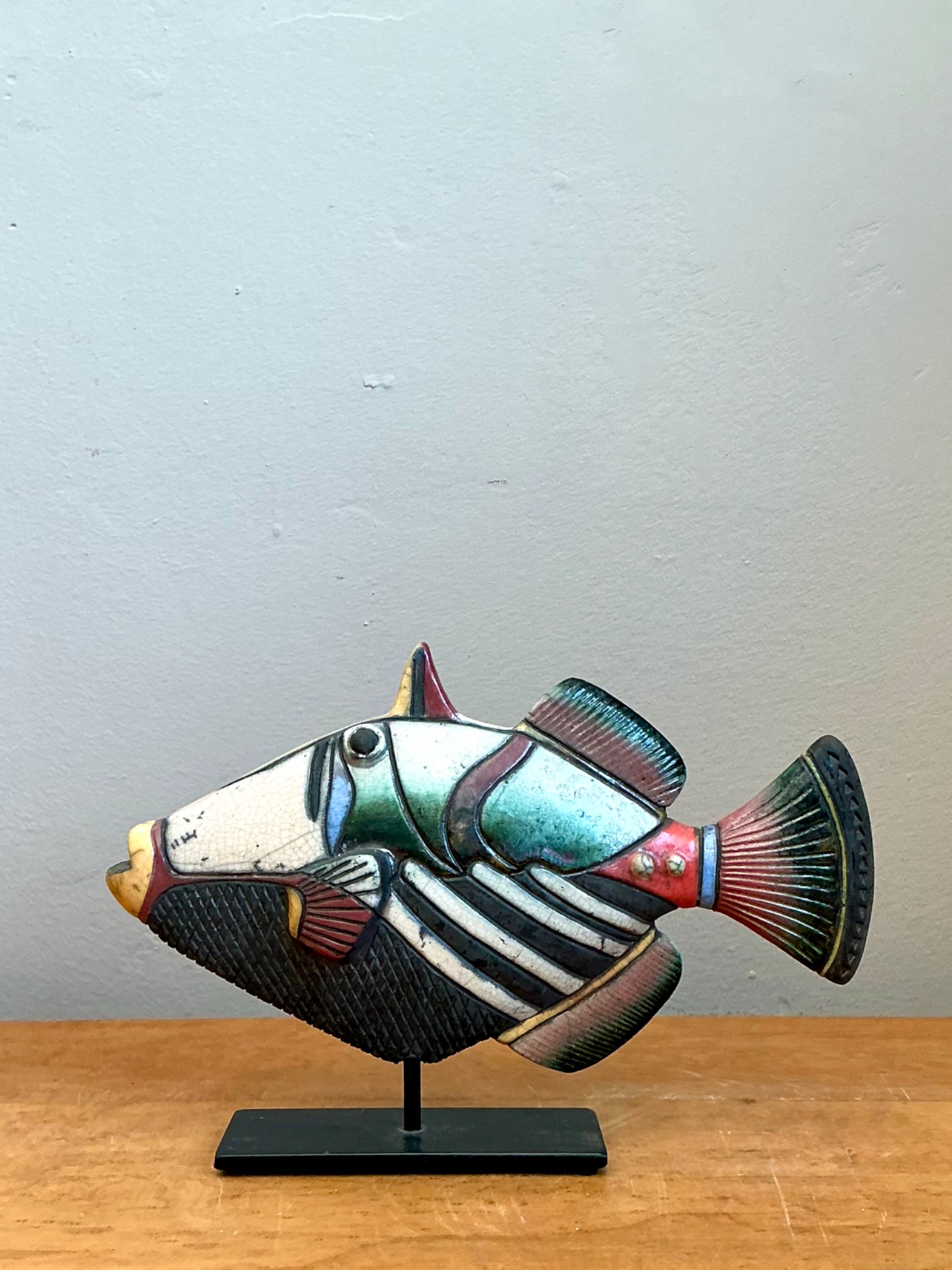 Vintage Hand Painted Ceramic Fish Sculpture on Stand - Top view