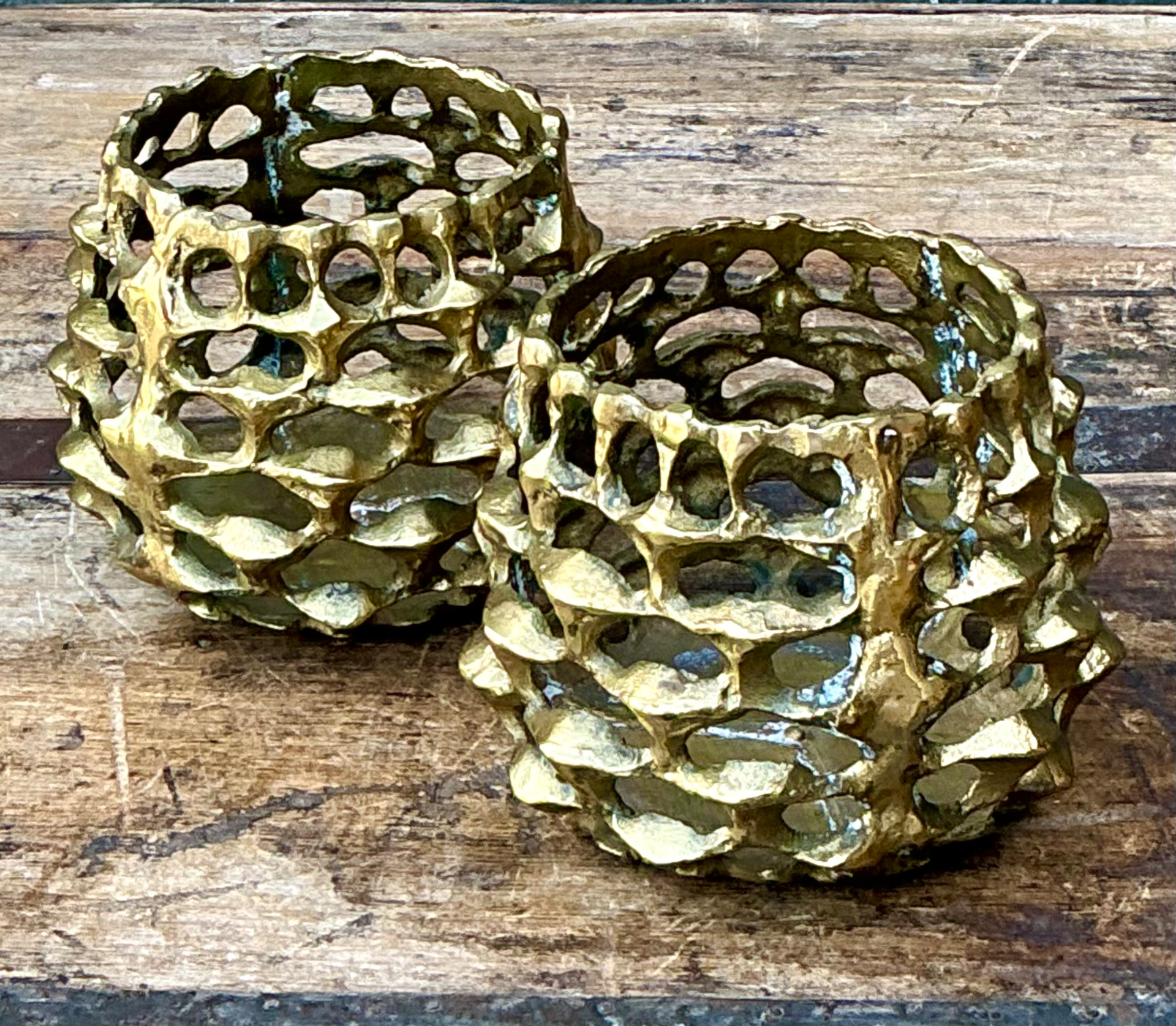 Vintage Brutalist Brass Candle Holders - Pair - Side view