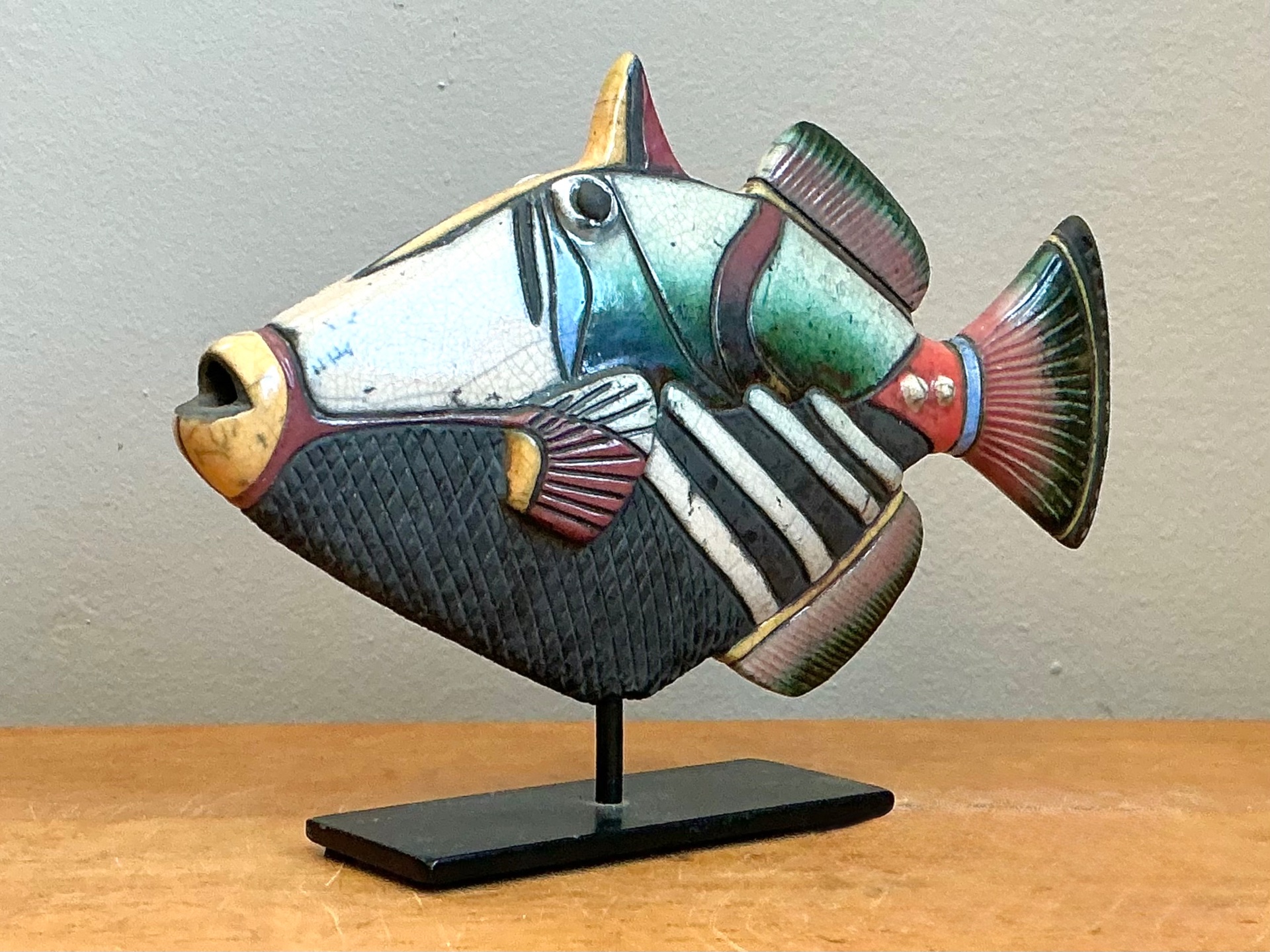 Vintage Hand Painted Ceramic Fish Sculpture on Stand - Back view