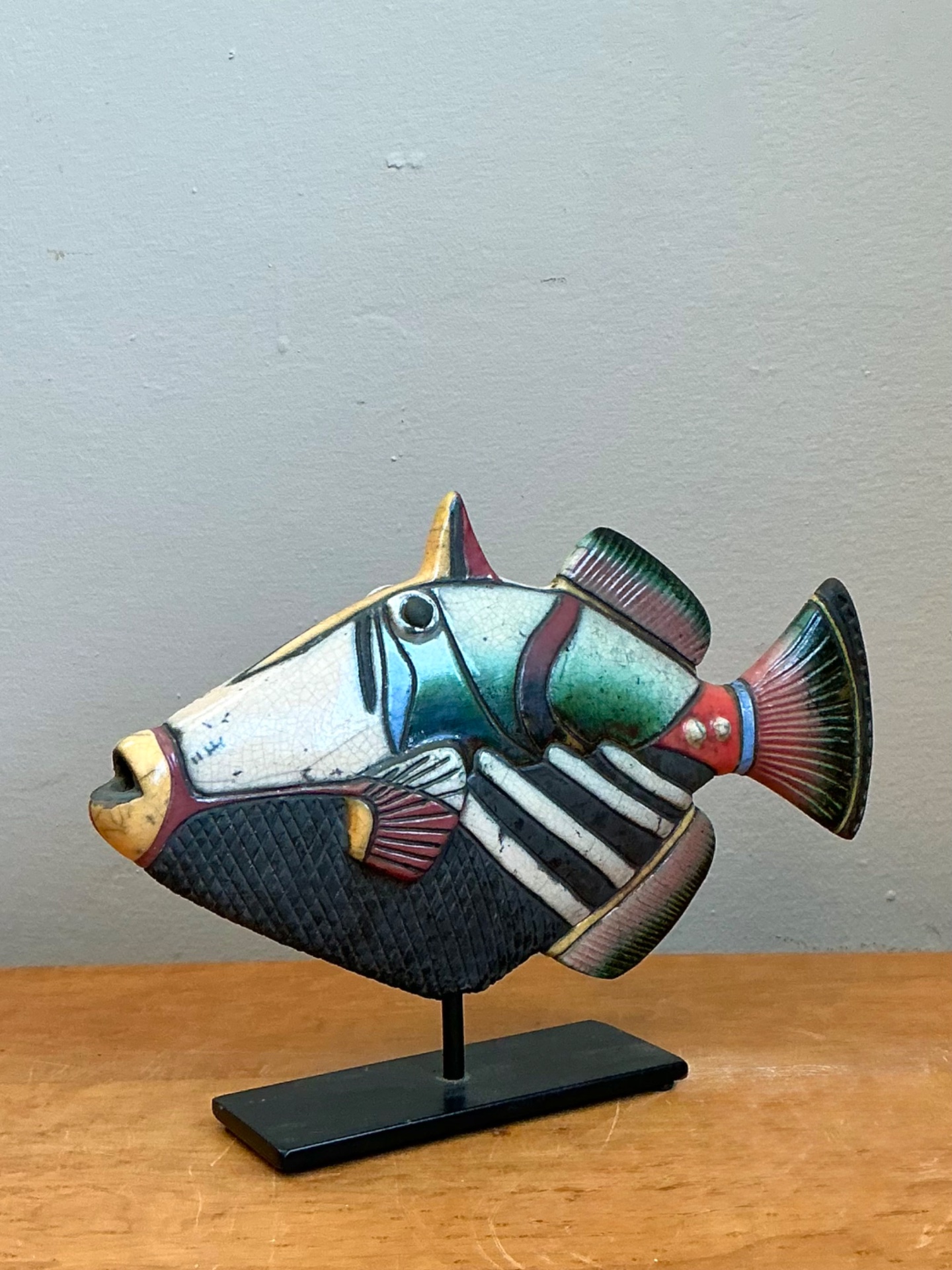 Vintage Hand Painted Ceramic Fish Sculpture on Stand - Detail view