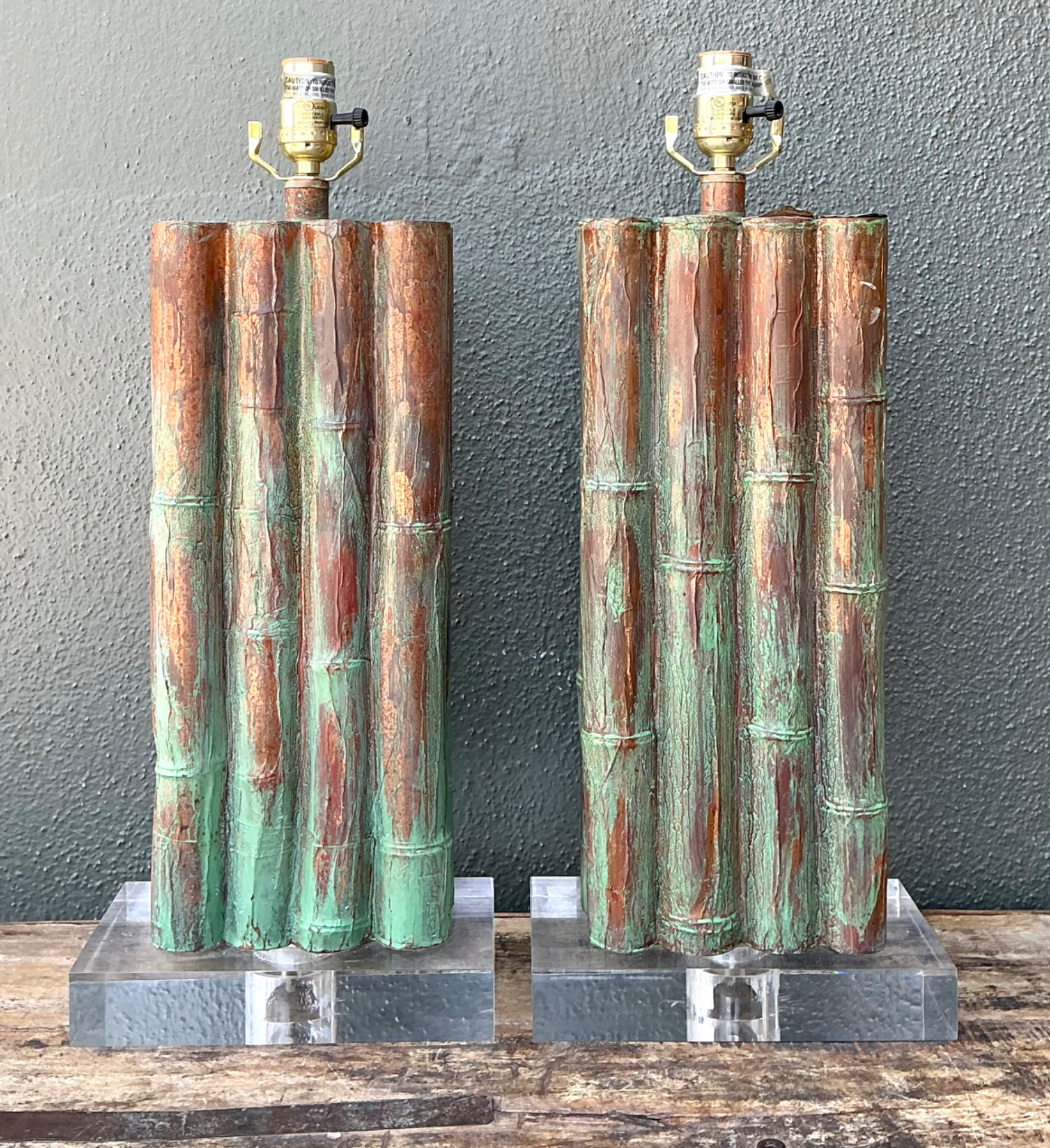 Vintage Faux Bamboo Lamps On Lucite Plinth - A Pair - Side view