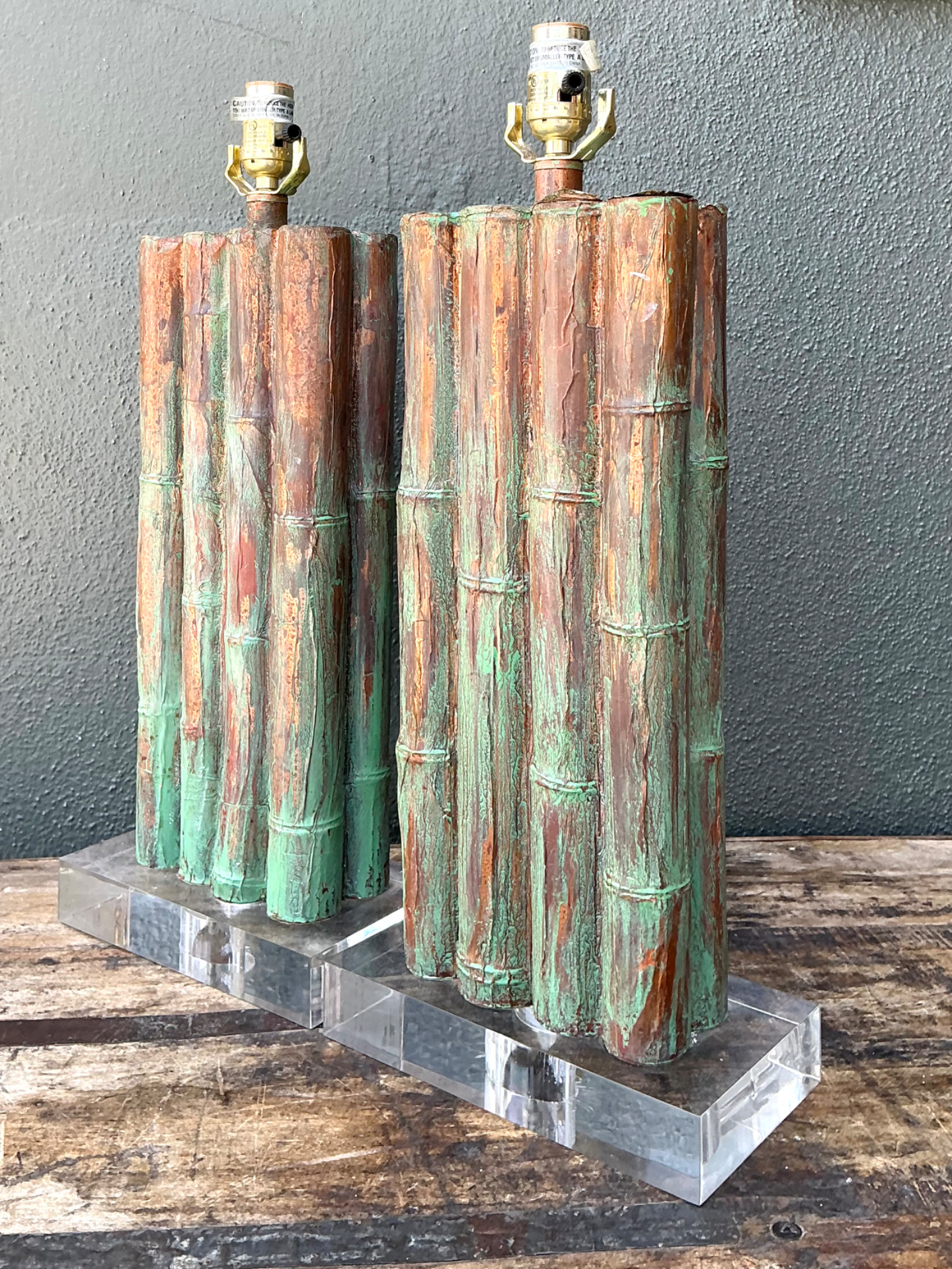 Vintage Faux Bamboo Lamps On Lucite Plinth - A Pair - Back view