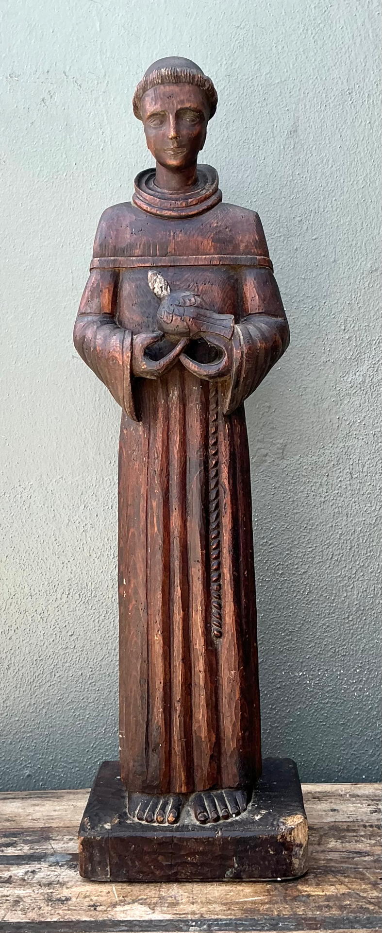 Vintage Handcrafted Wood St Francis Of Assisi Statue - Back view