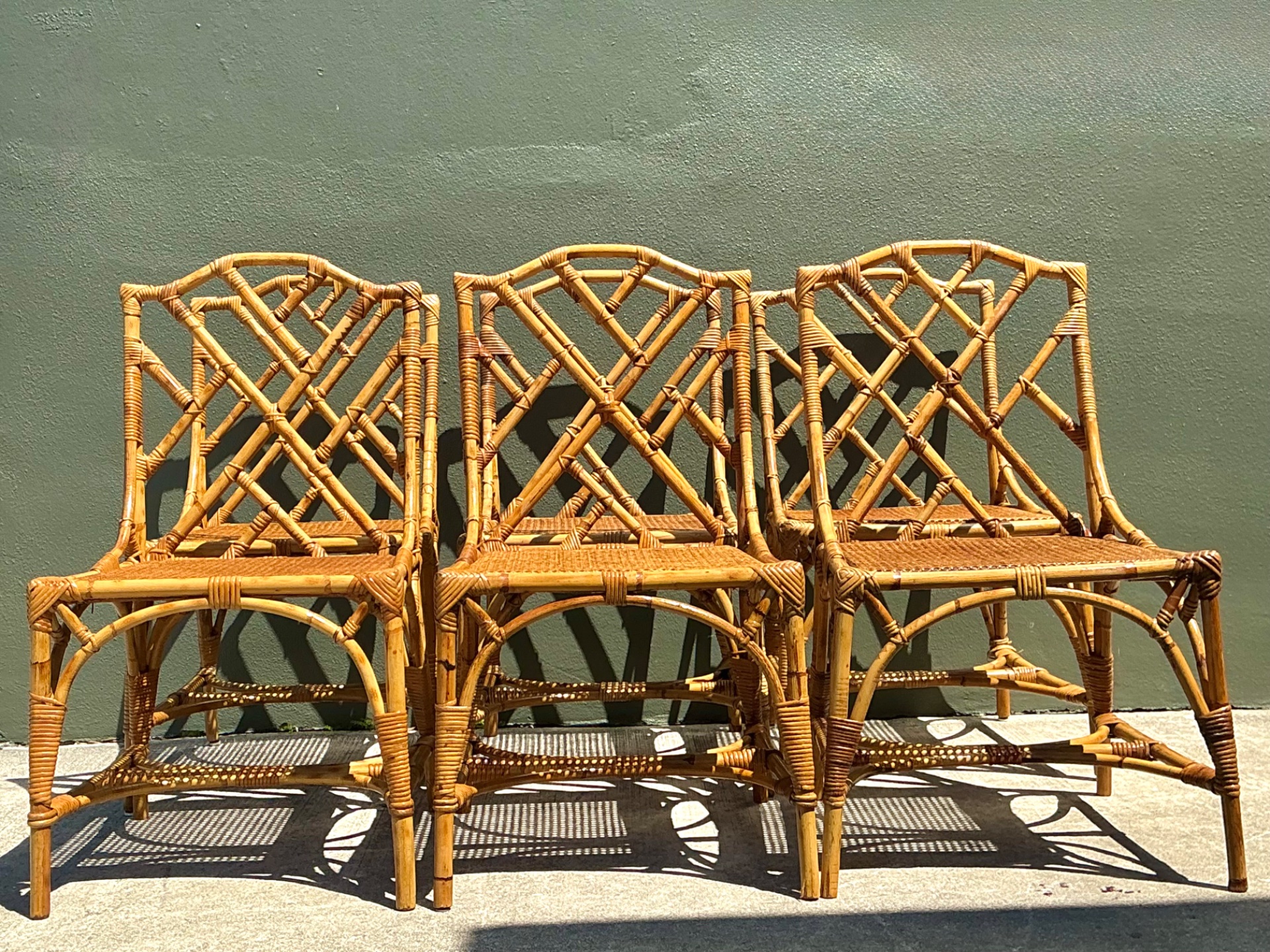 Vintage Chinese Chippendale Rattan Dining Chairs - Set Of 6 - Detail view