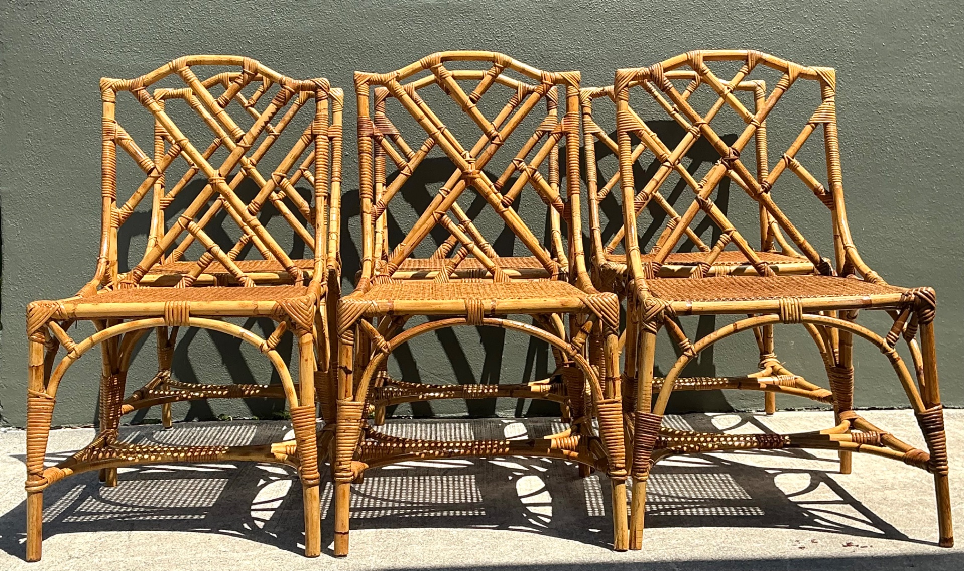 Vintage Chinese Chippendale Rattan Dining Chairs - Set Of 6 - Back view