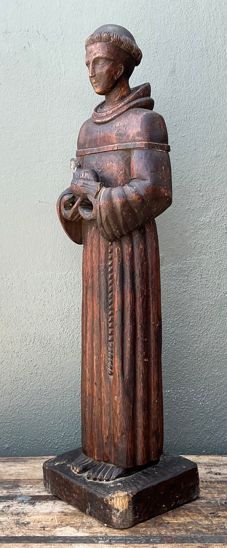 Vintage Handcrafted Wood St Francis Of Assisi Statue - Side view
