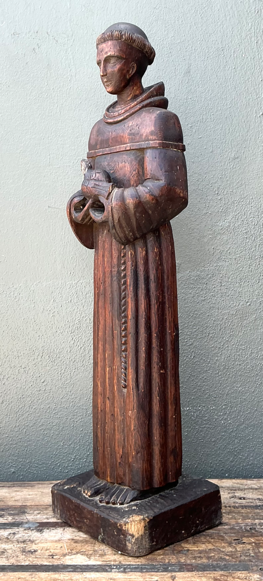 Vintage Handcrafted Wood St Francis Of Assisi Statue - Top view