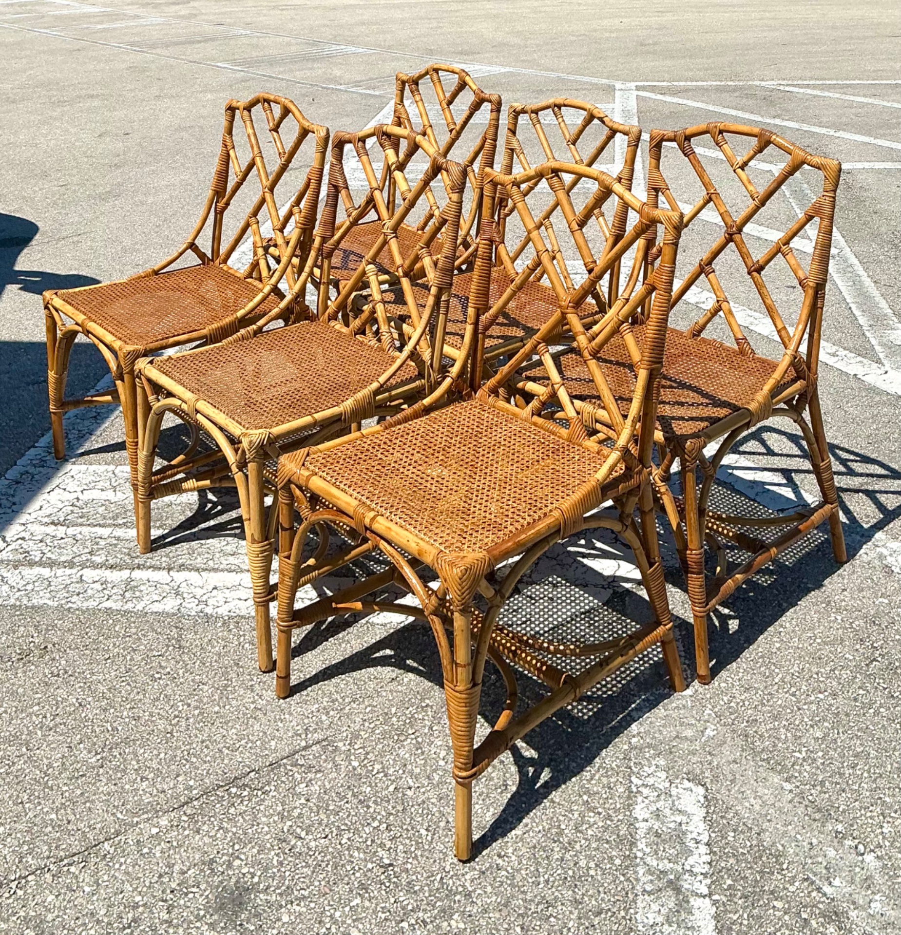 Vintage Chinese Chippendale Rattan Dining Chairs - Set Of 6 - Top view