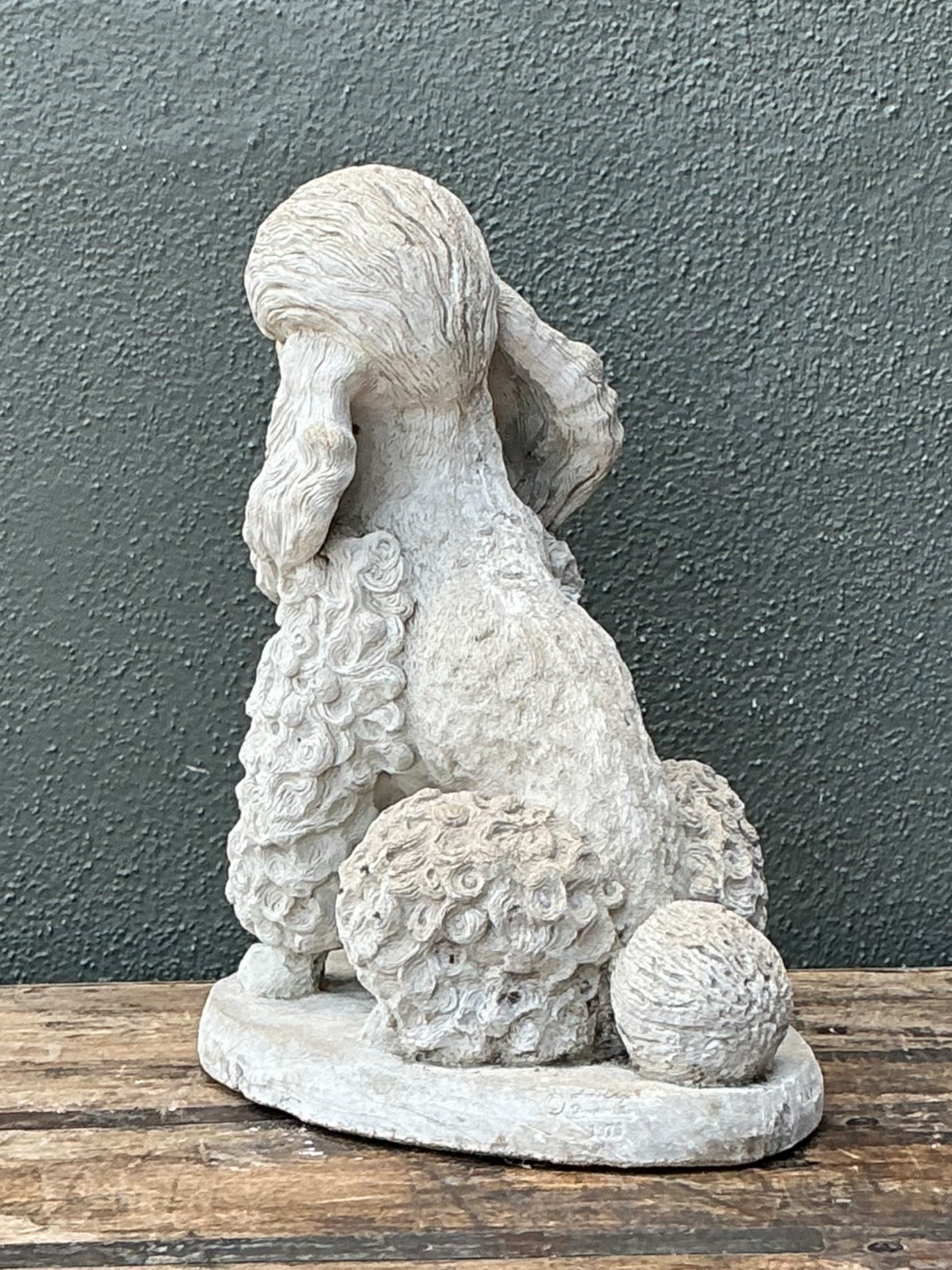 Vintage Cement Poodle Dog Statue - Side view