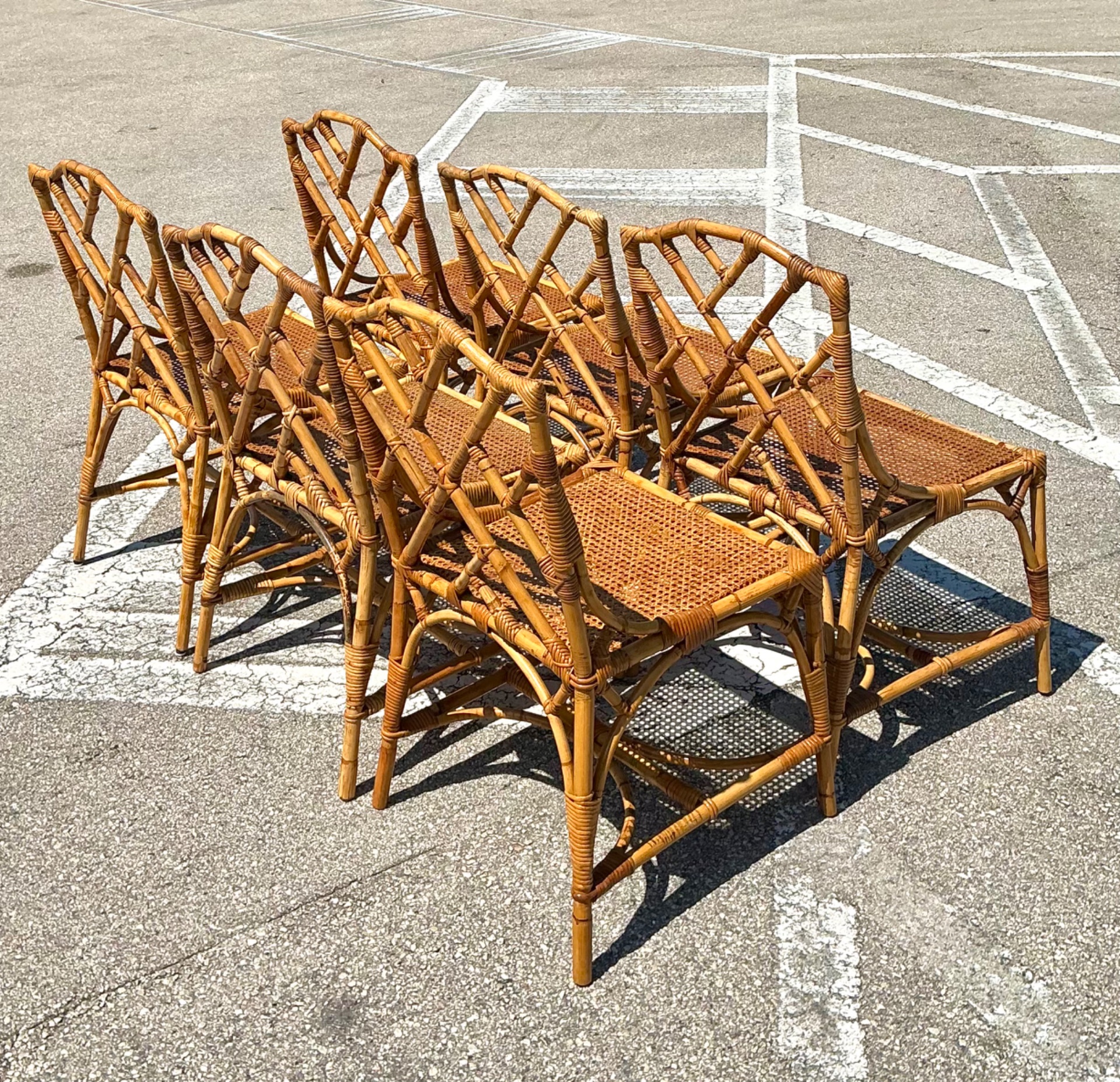 Vintage Chinese Chippendale Rattan Dining Chairs - Set Of 6 - Side view