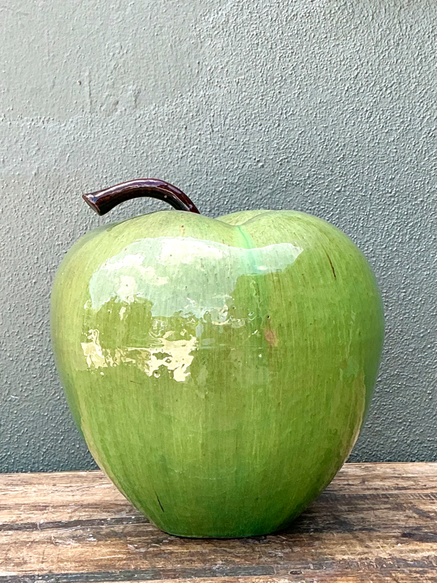 Vintage Monumental Green Ceramic Apple Sculpture - Top view