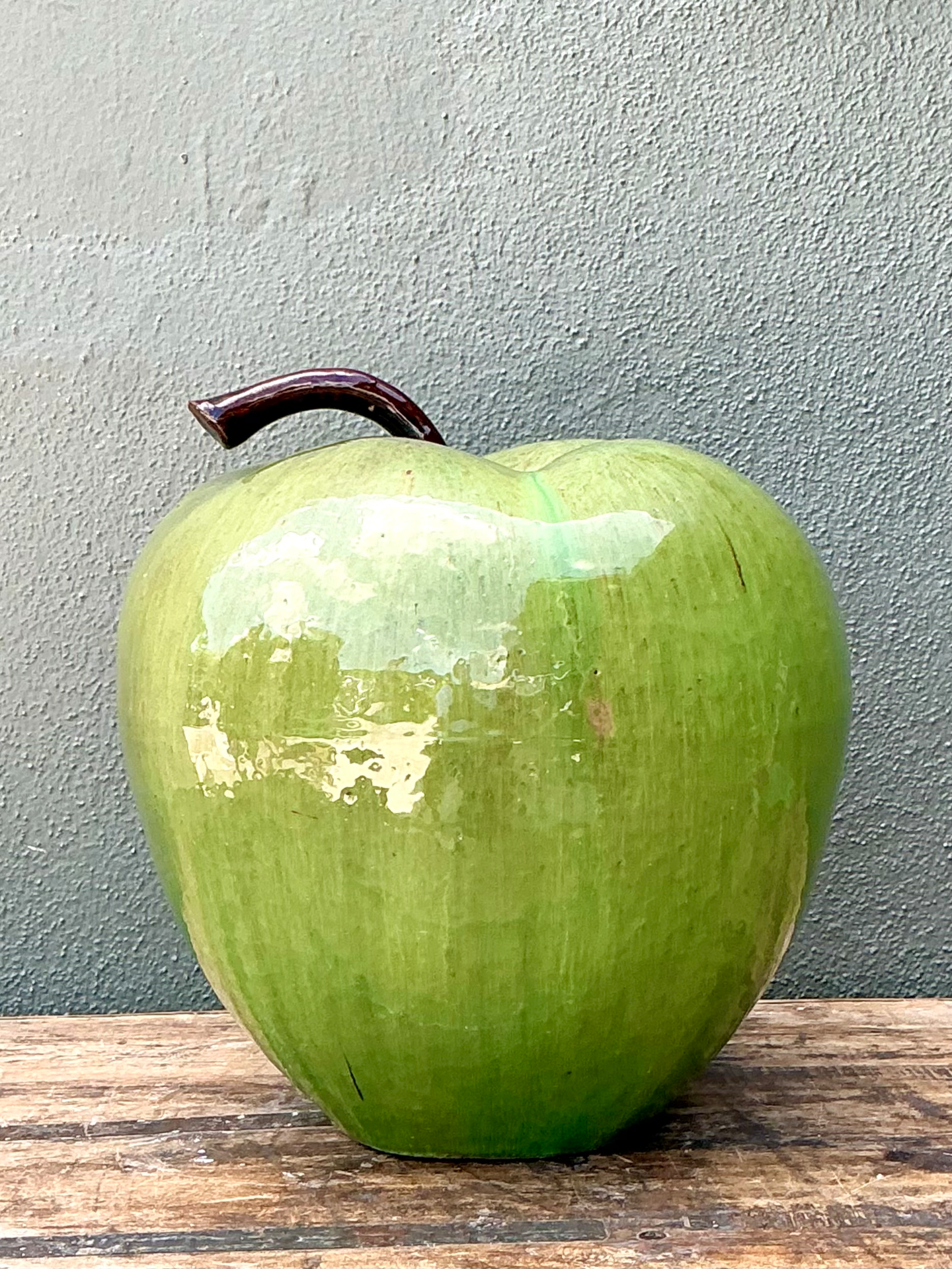 Vintage Monumental Green Ceramic Apple Sculpture - Side view