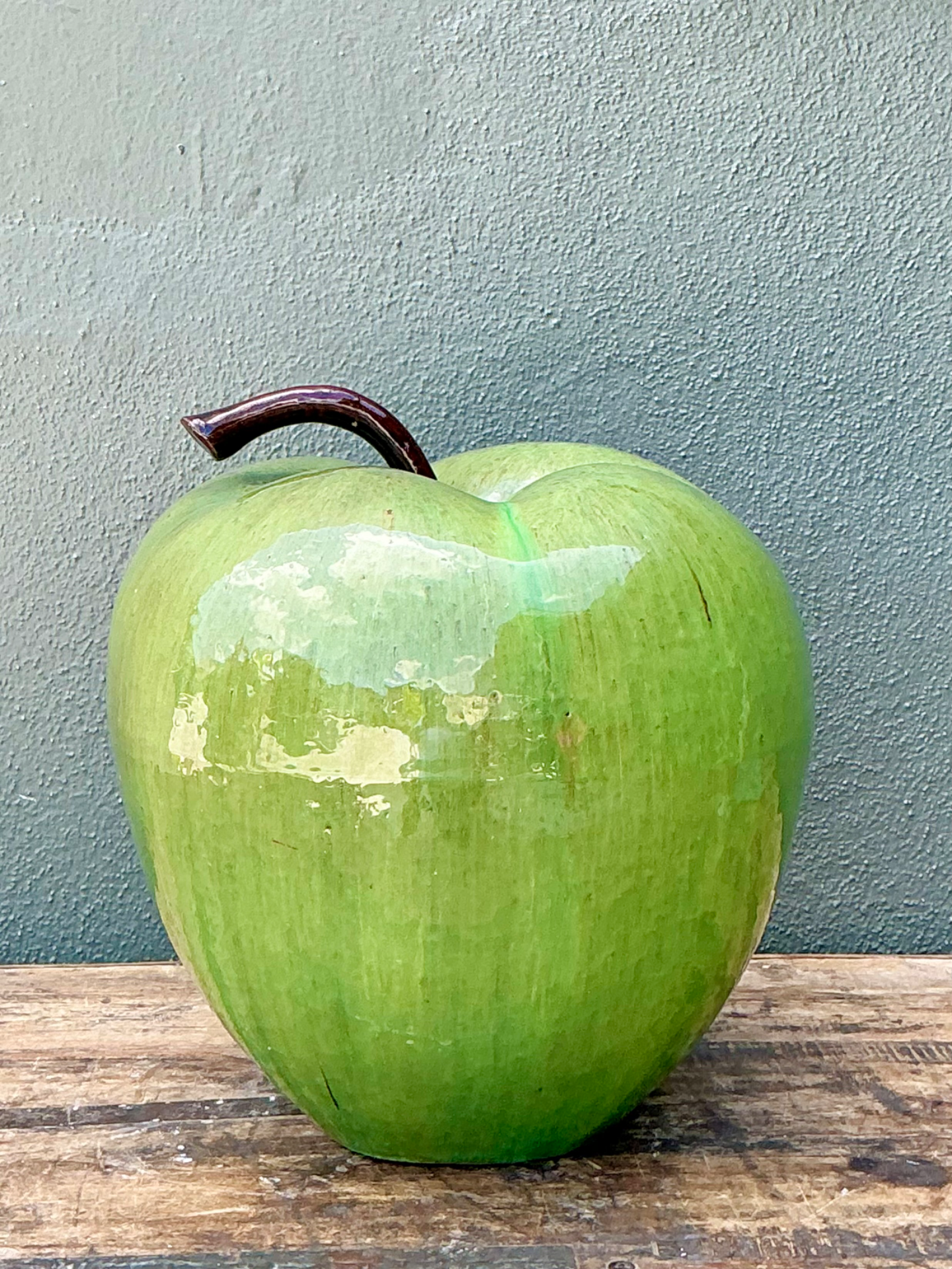 Vintage Monumental Green Ceramic Apple Sculpture - Back view