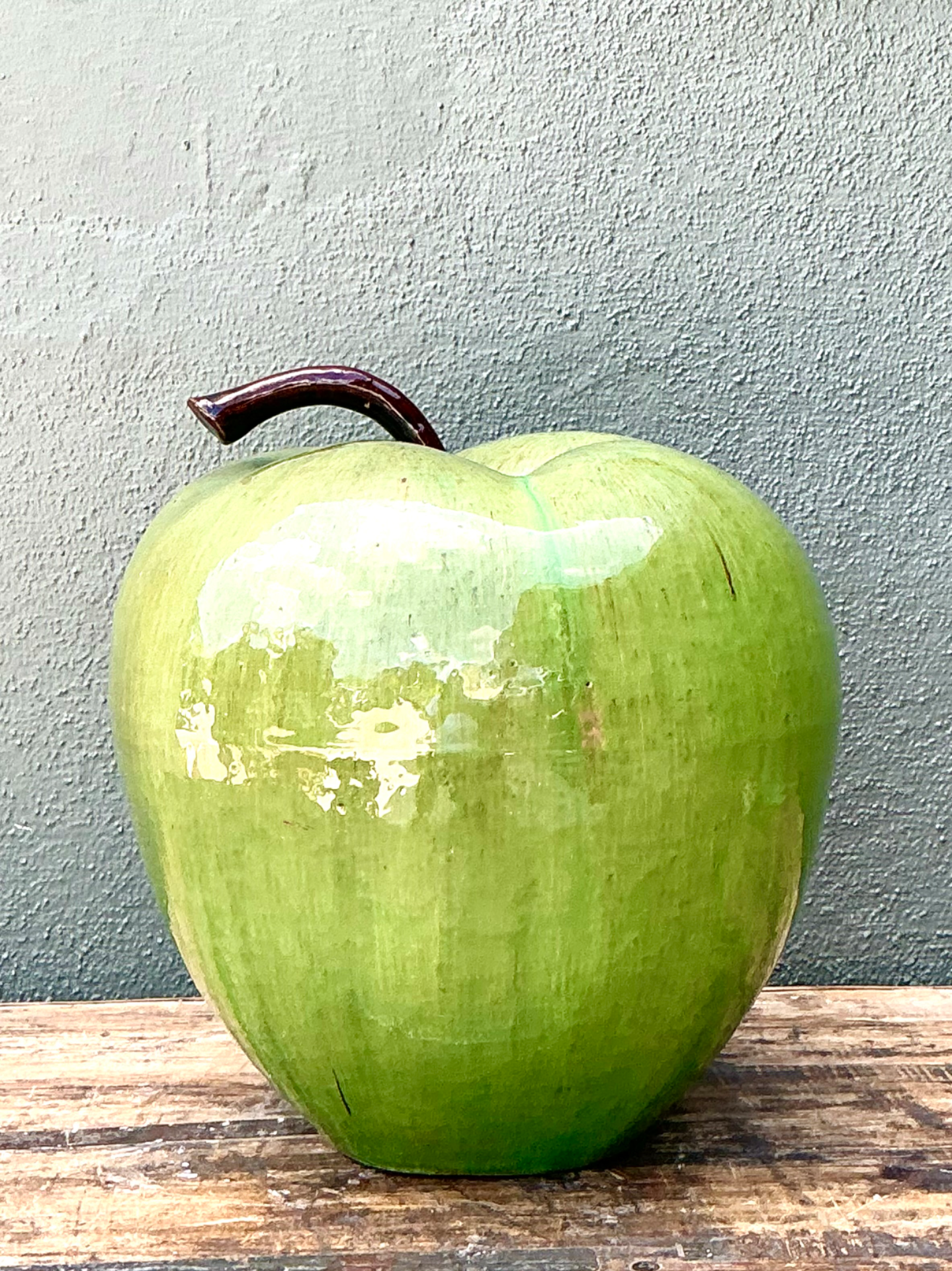 Vintage Monumental Green Ceramic Apple Sculpture - Detail view
