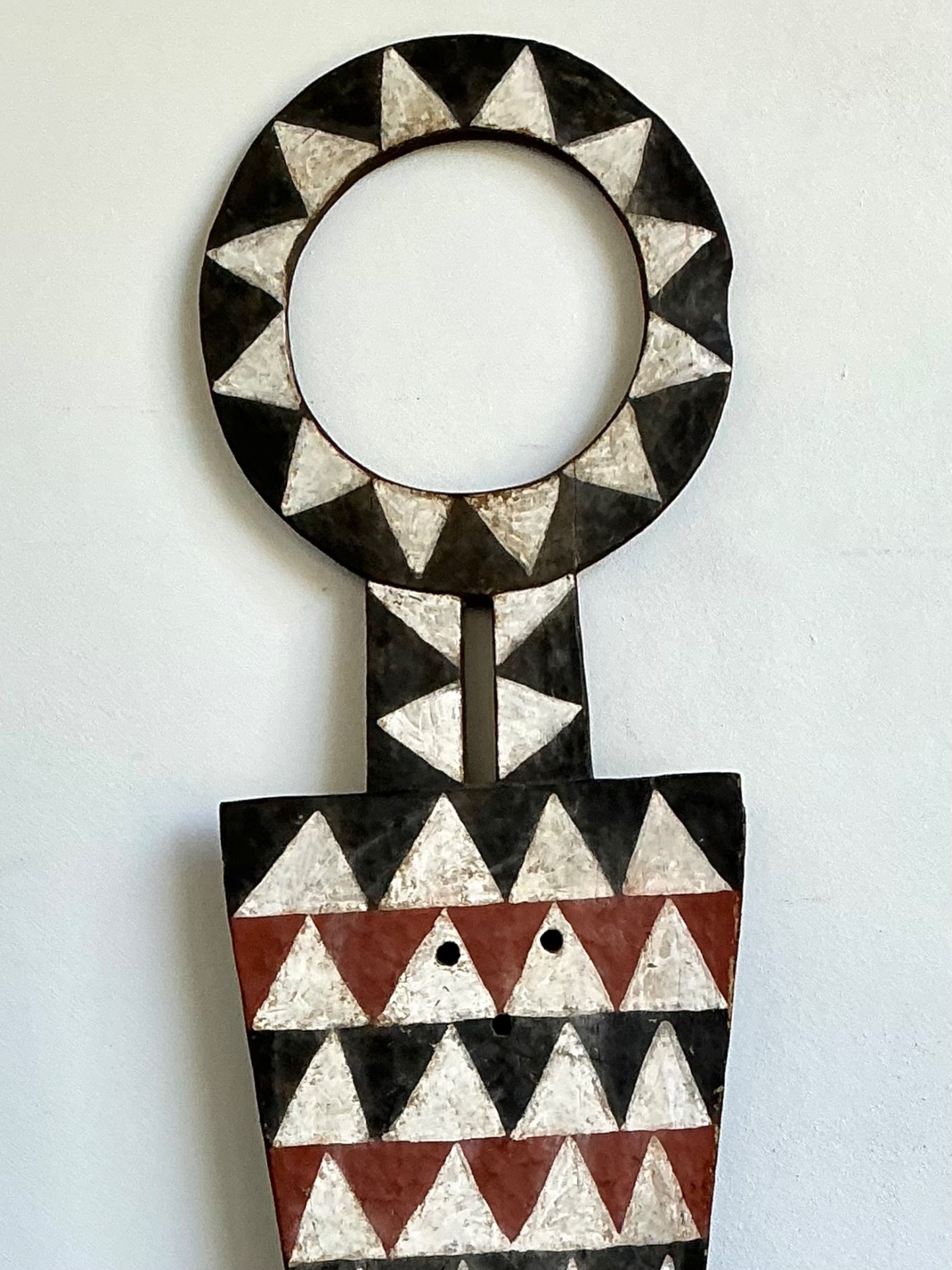 Vintage Tribal Geometric Painted Wood Shield - Side view