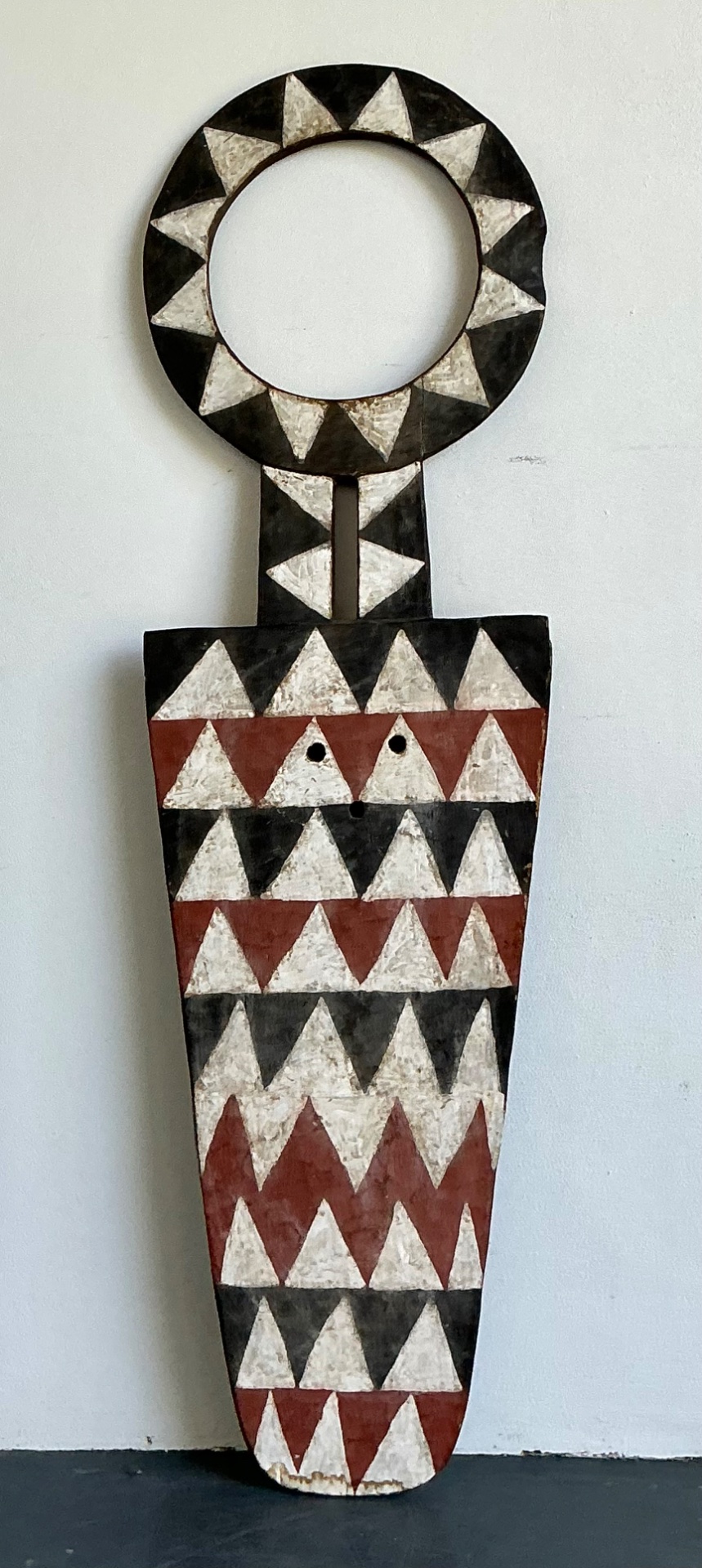 Vintage Tribal Geometric Painted Wood Shield - Back view
