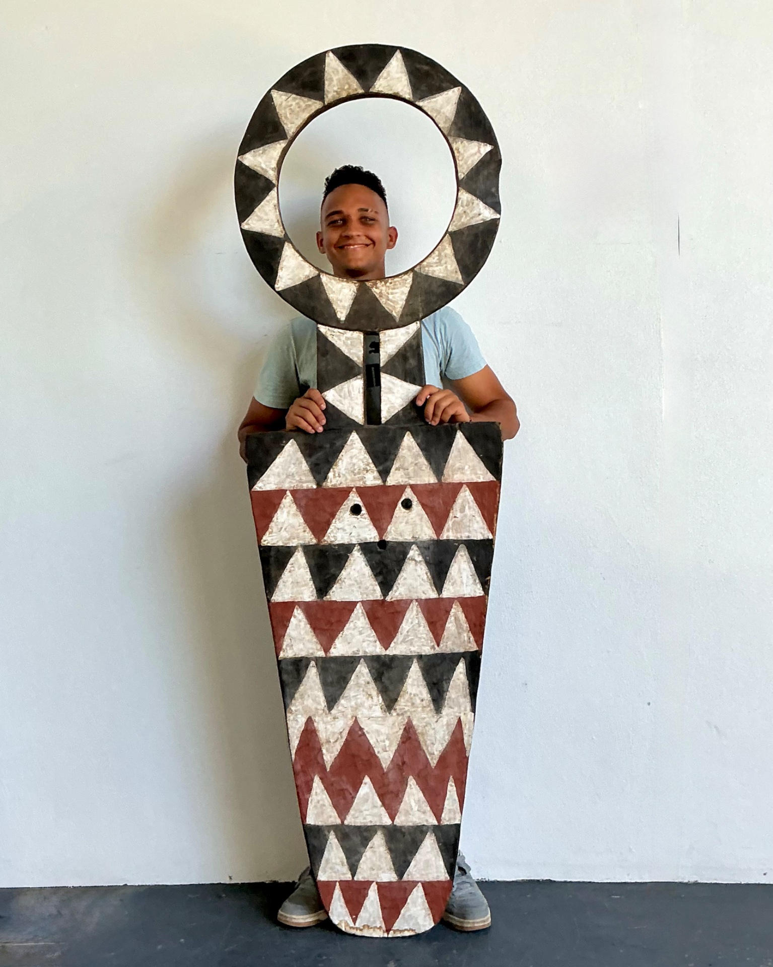 Vintage Tribal Geometric Painted Wood Shield - Detail view