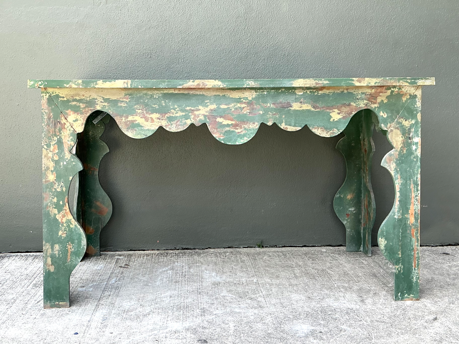 Vintage Distressed Scalloped Green Wood Table - Side view