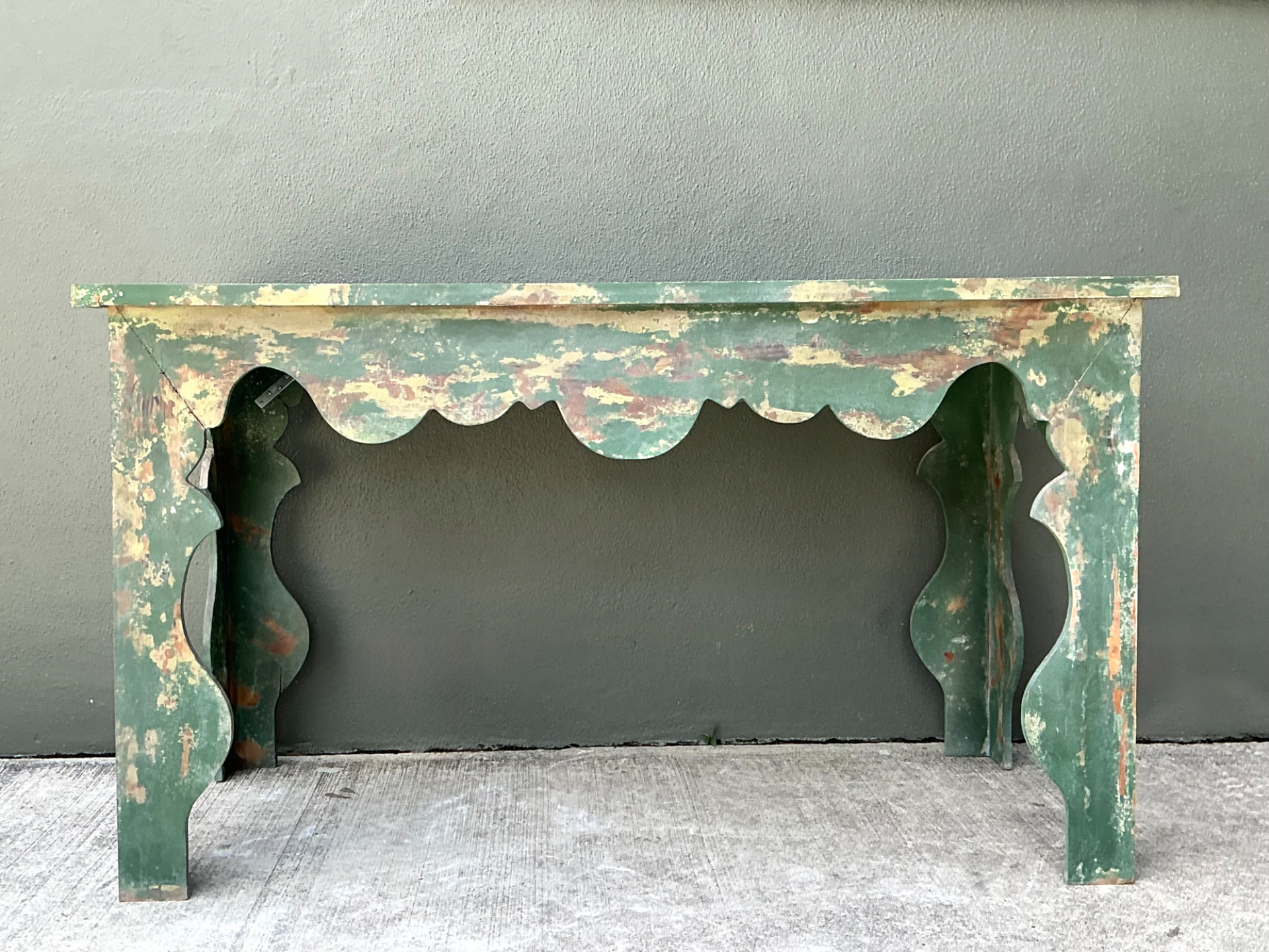 Vintage Distressed Scalloped Green Wood Table - Top view