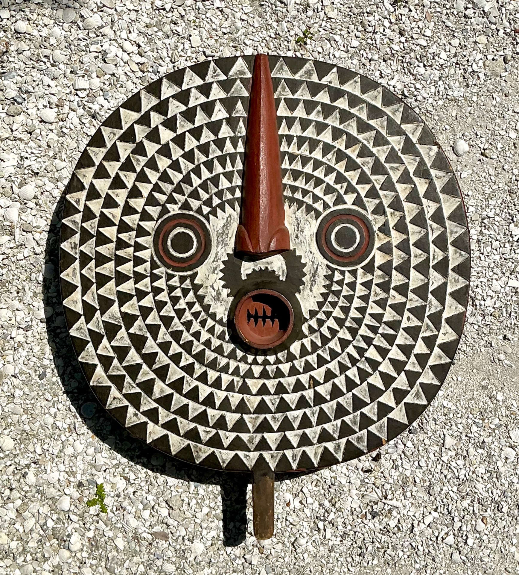 Vintage Tribal Geometric Painted Wood Shield - Detail view