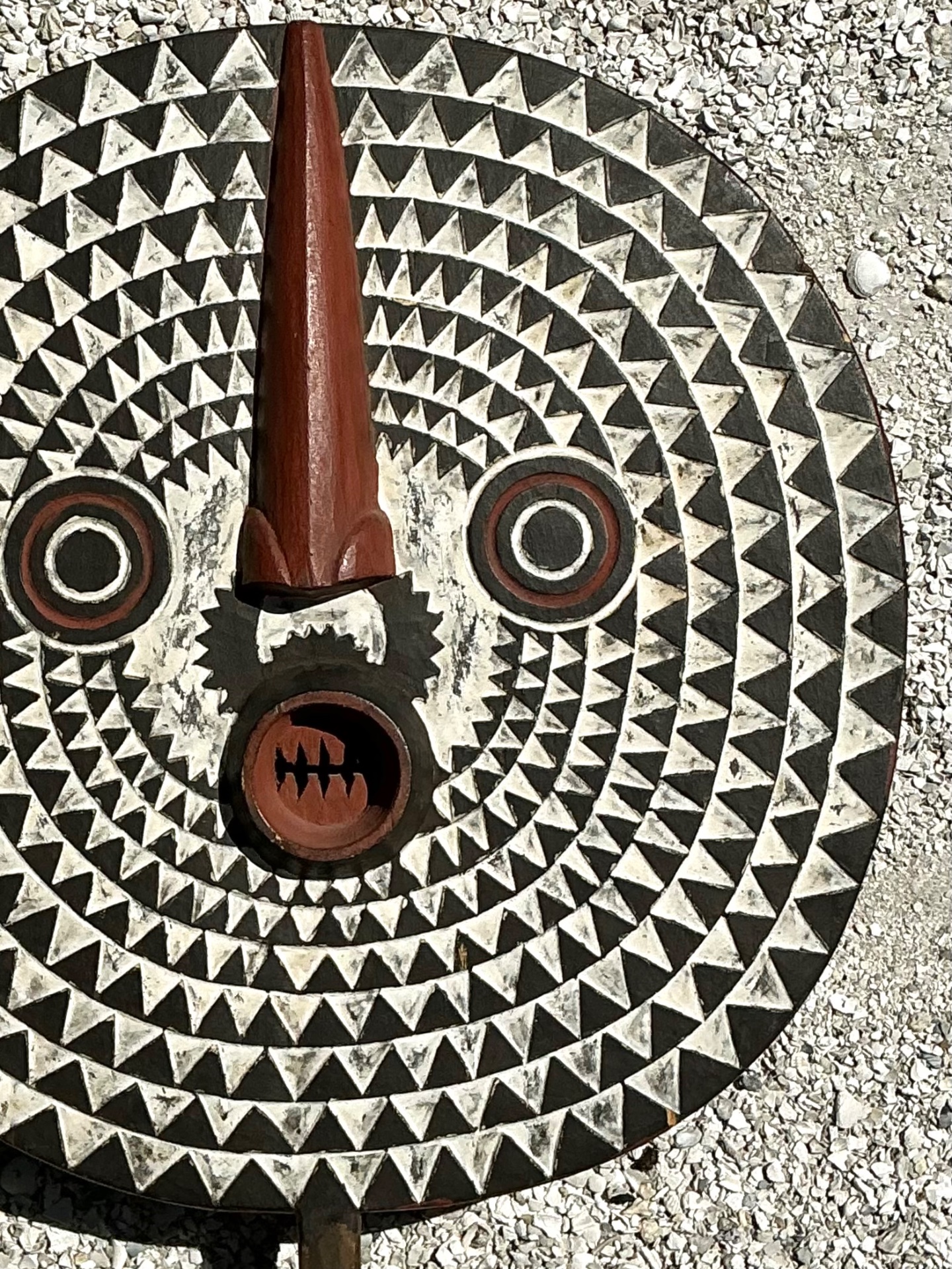 Vintage Tribal Geometric Painted Wood Shield - Back view