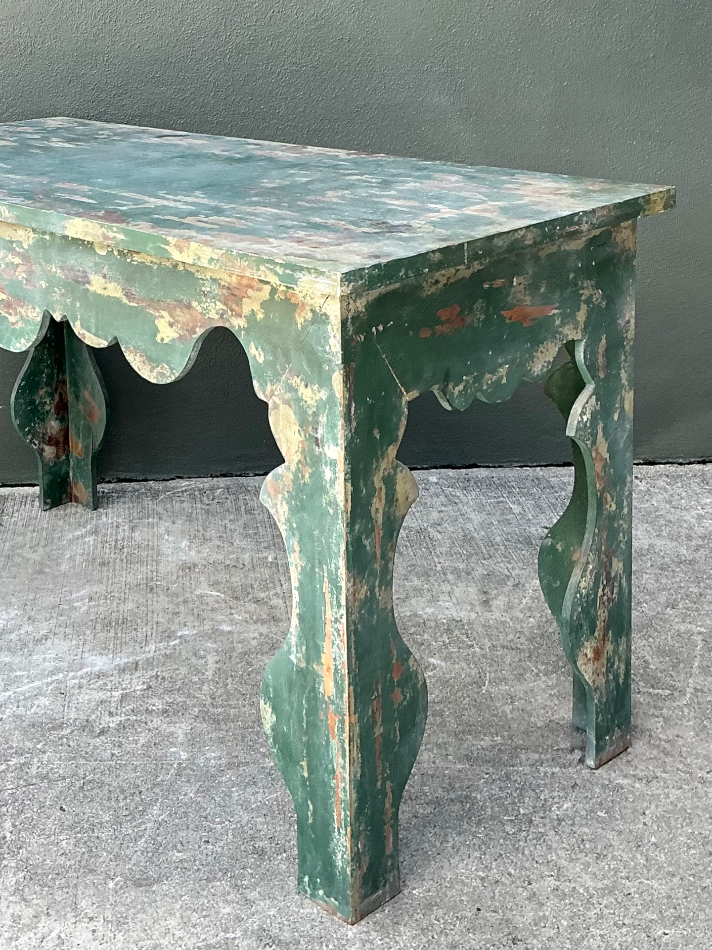 Vintage Distressed Scalloped Green Wood Table - Back view