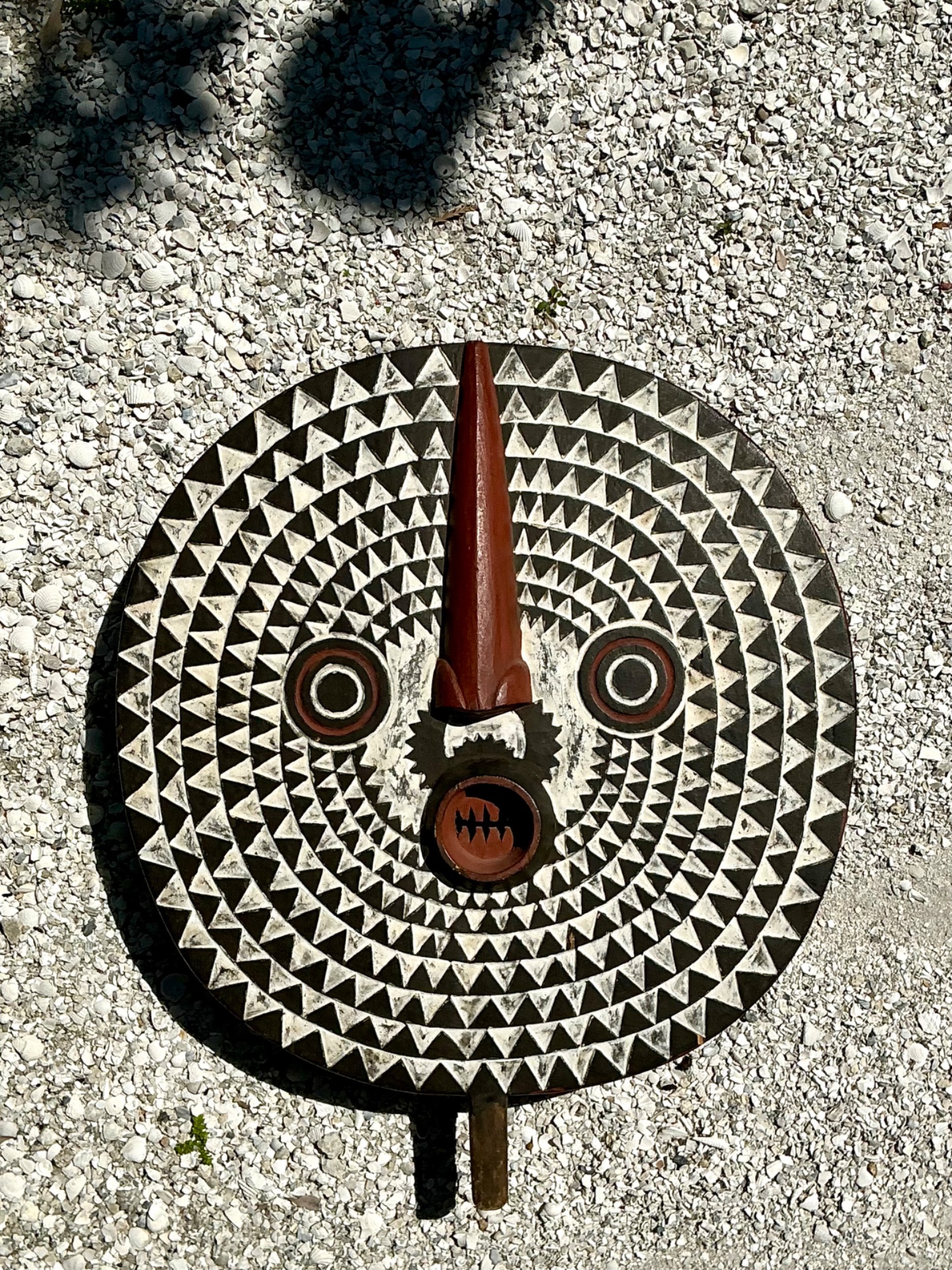 Vintage Tribal Geometric Painted Wood Shield - Top view