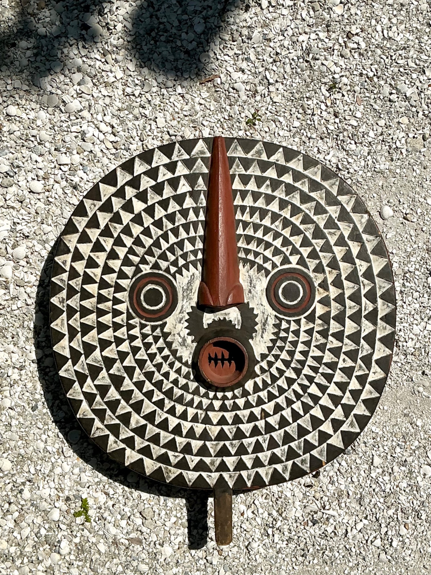 Vintage Tribal Geometric Painted Wood Shield - Side view