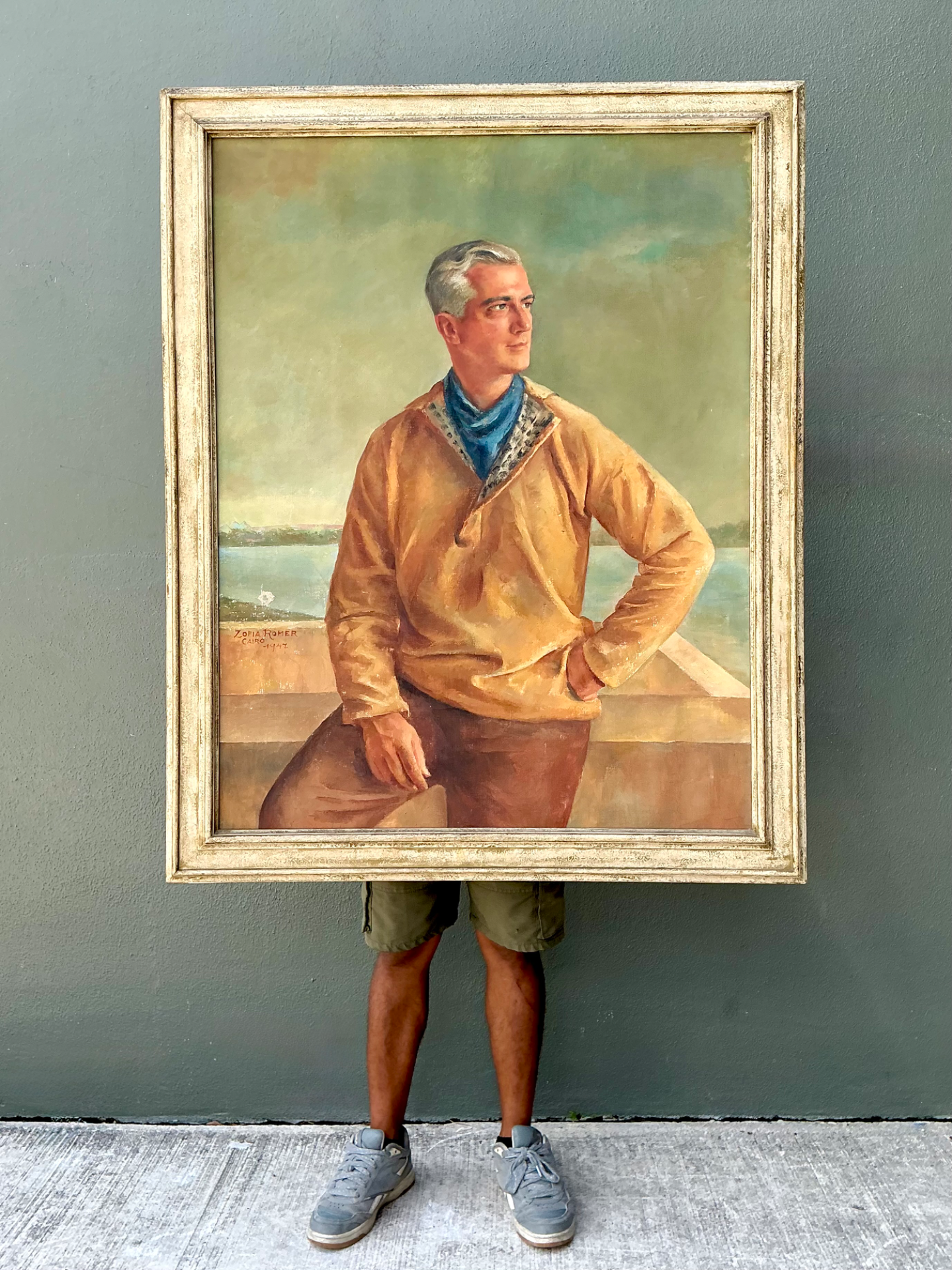 Monumental 1947 Zofia Tomek Framed Portrait Painting - Side view