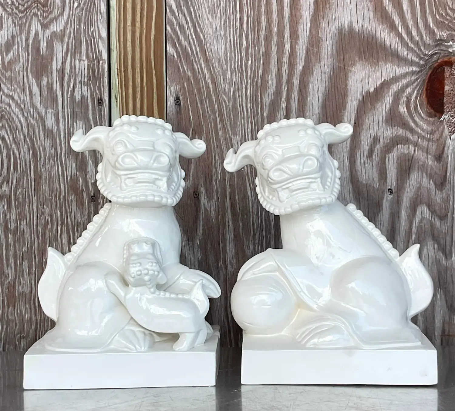 Late 20th Century Vintage Asian Glazed Ceramic Foo Dogs - a Pair - Detail view