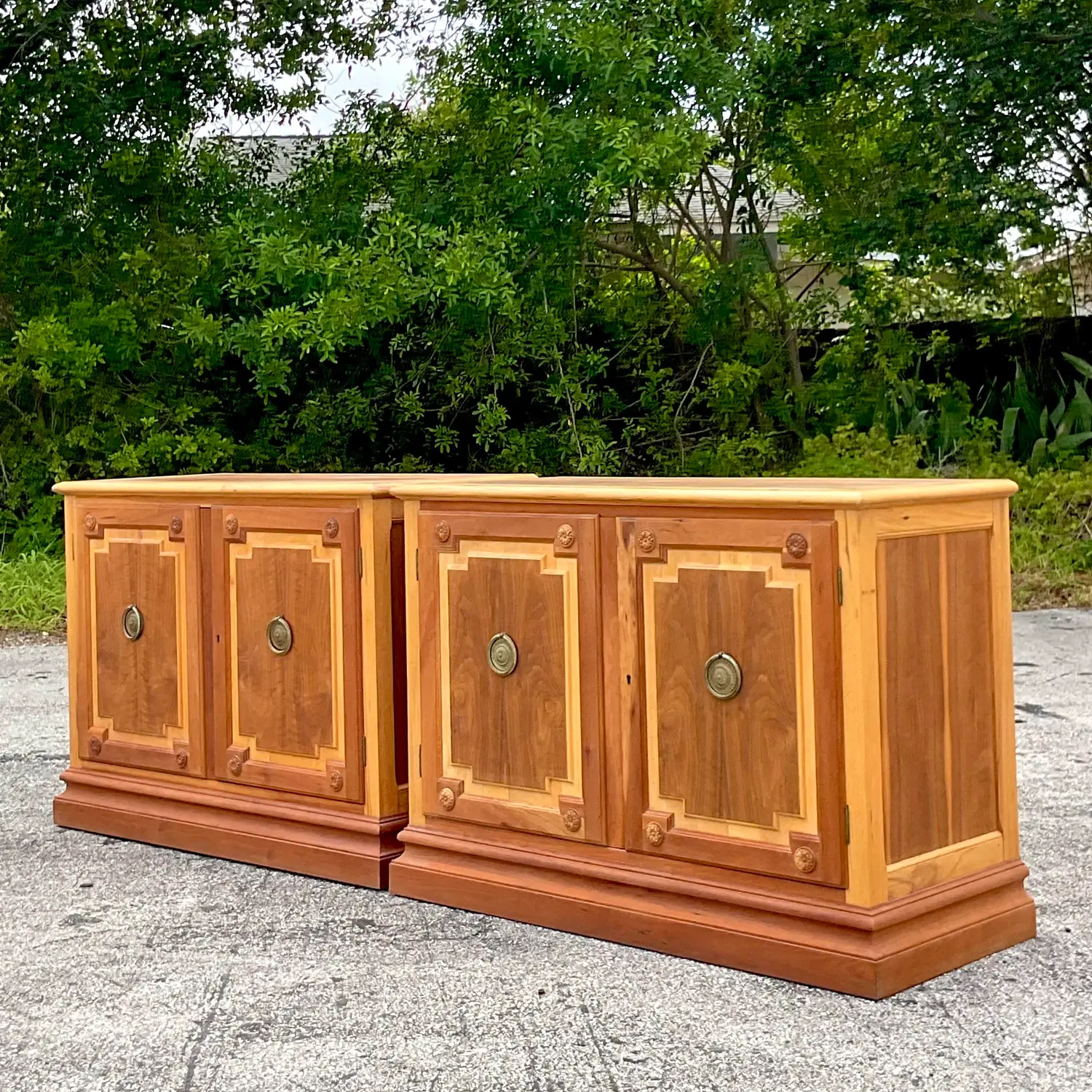 Late 20th Century Vintage Baker Notched Wood Sideboards - a Pair - Top view